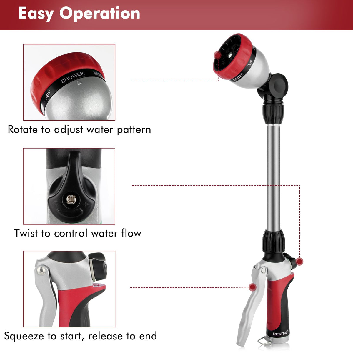 RESTMO Metal Watering Wand, Heavy Duty Garden Hose Wand with 180° Swivel Ratcheting Head, 16'' Hose Nozzle Sprayer with 7 Spray Patterns and Flow Control, for Water Hanging Baskets and Shrubs, Red