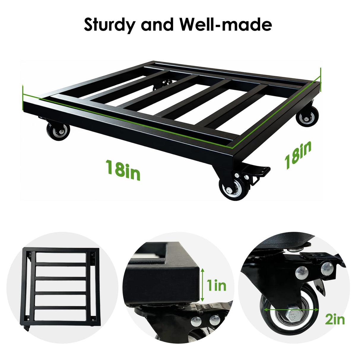 Hongsane 18" Square Plant Stand with Wheels Heavy Duty,Large Metal Plant Caddy Indoor Outdoor Use,Rolling Plant Dolly with Industrial Casters,Rust-Proof Black Plant Tray for Large Planters Pots,2-Pack