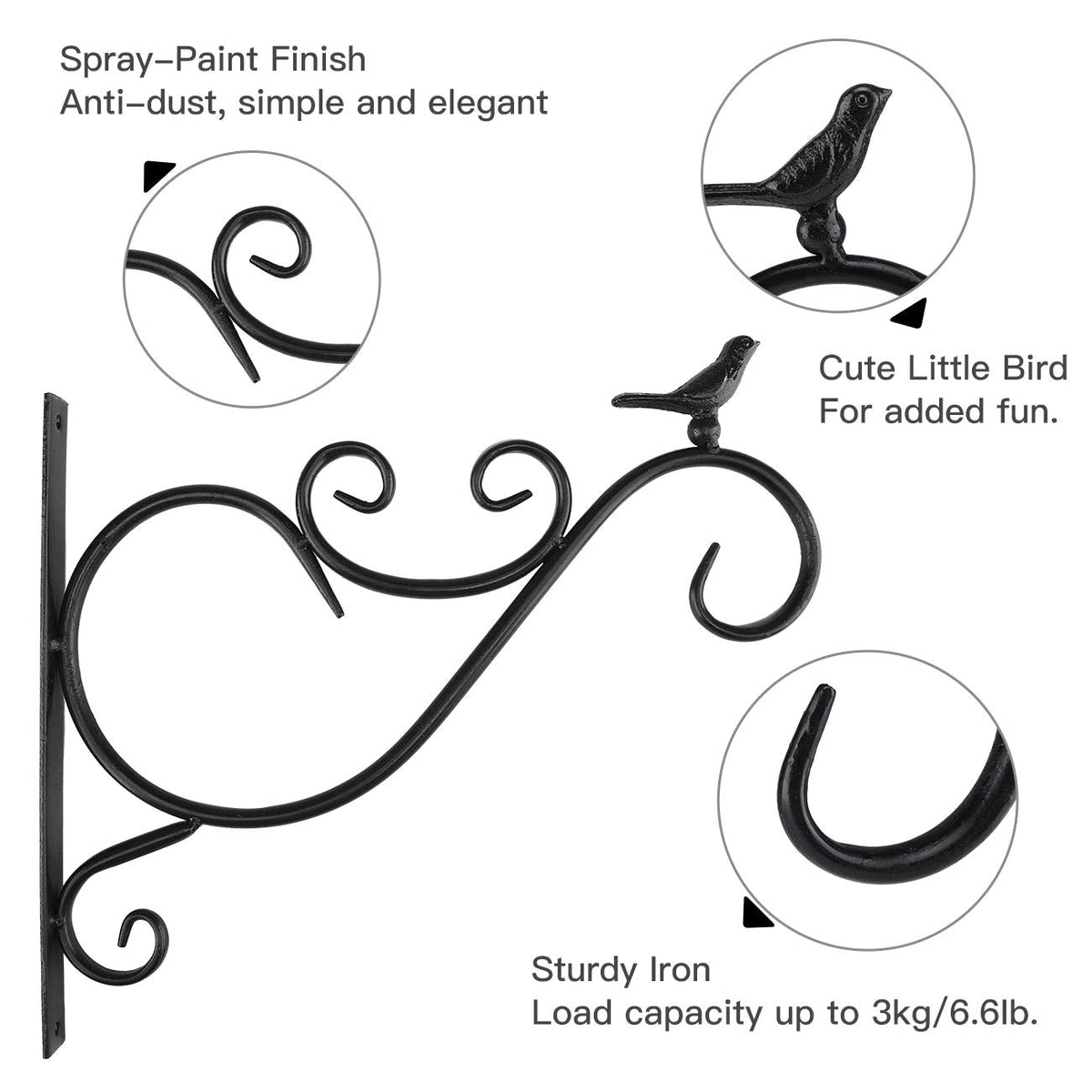 Lewondr Wall Hanging Plant Bracket, 2 Pack 12-inch Retro Iron Shepard Hook for Flower Bird Feeder Planter Indoor Outdoor, Bird 01 - Spray Paint Black