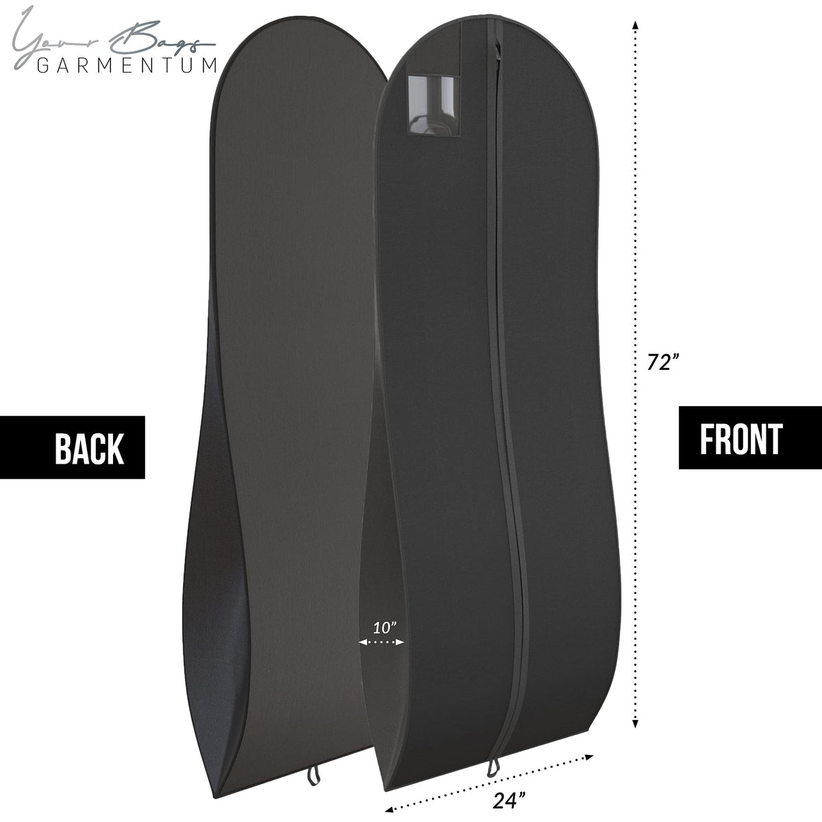 YOUR BAGS GARMENTUM Dress Bag for Gowns & Formal Dresses - 72" Extra Long Garment Bag for Hanging Clothes & Travel Women - Large Wedding Dress Garment Bags - 10" Gusset (Black)
