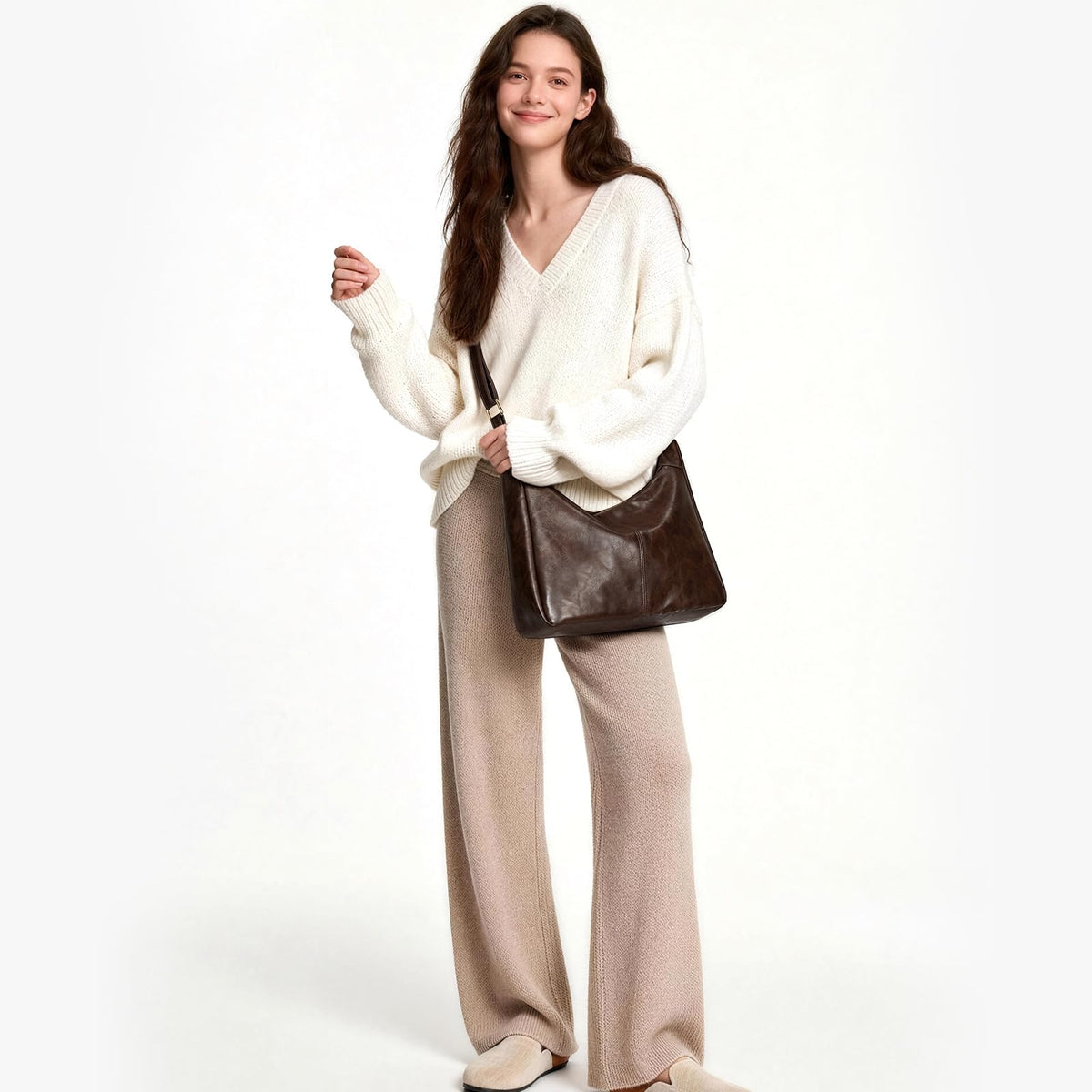 Brown Shoulder Bag for Women,Brown Leather Purse Slouchy Hobo Bags Everyday Purse Daily Commuting Bag with Zipper