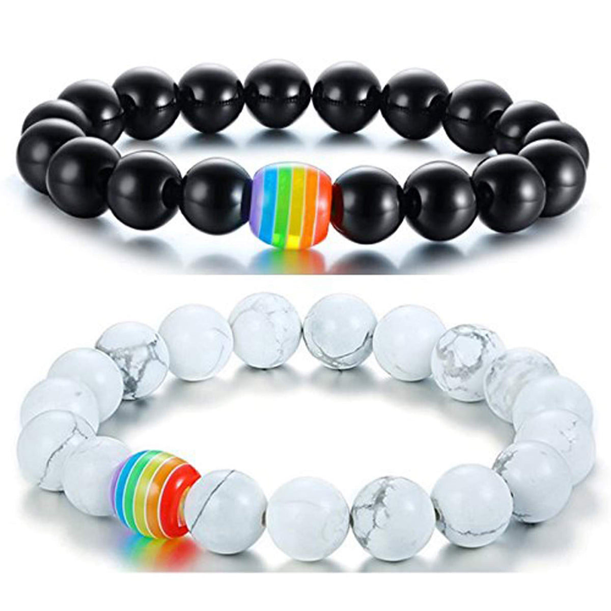 Nanafast LGBT Gay Rainbow Relationship Beaded Bracelet Couple Matching Pride Bead Bracelets Bangle 2 Pack (White/Black)