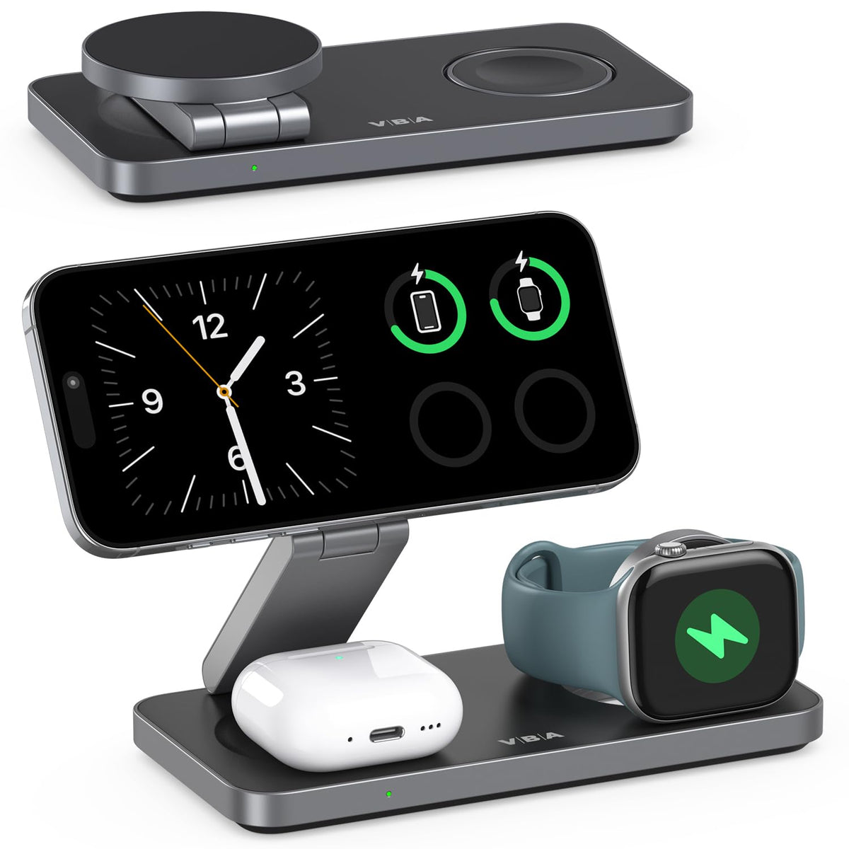 VBA 3 in 1 Wireless Charging Station for Apple MagSafe Charger,Foldable Fast Charging Magnetic Wireless Charger Stand,Travel Charger for iPhone 17 Air 16 15 14 13 12,Apple Watch,AirPods (Black)