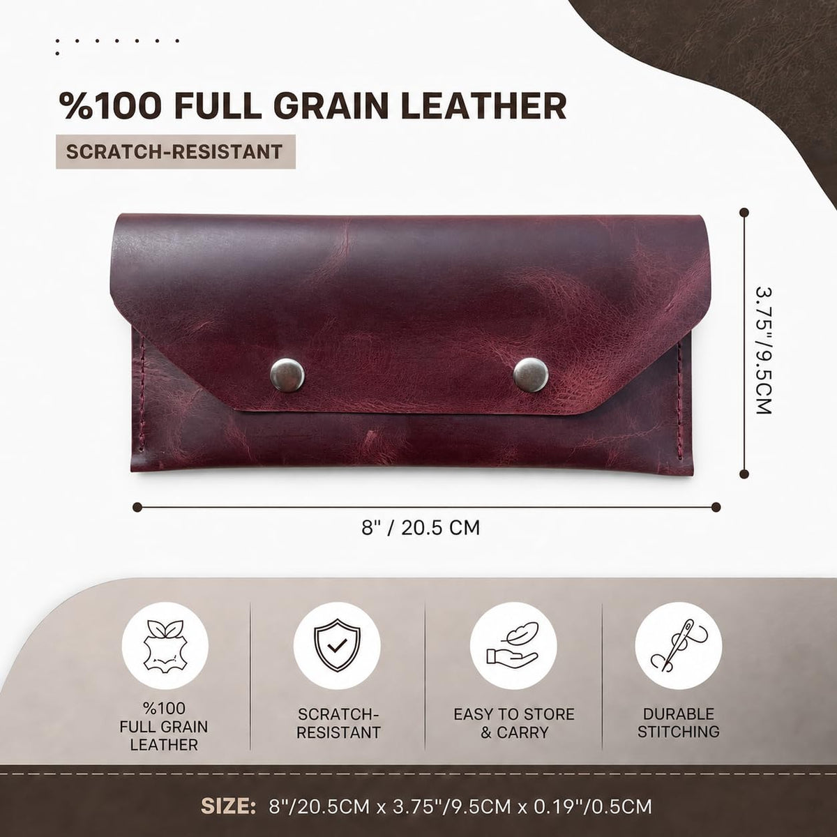 ZEMARS Genuine Leather Cash Envelope Wallet, Two Snap Money Pouch for Men and Women, Reusable Budget Envelope Wallet, Slim Organizer for Cash, Cards, Receipts, Checks and Keys (Burgundy)