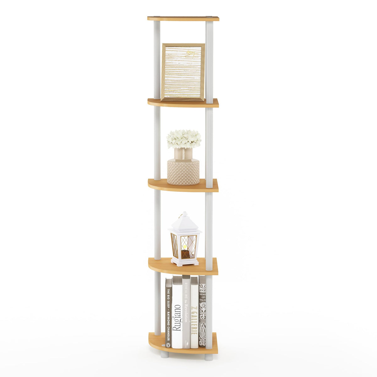 Furinno TURN-N-TUBE Corner Shelf, 5-Tier Corner Bookshelf, Open Storage Shelves, for Organization and Storage, Living Room, Home Office, Garage, Bedroom, Beech