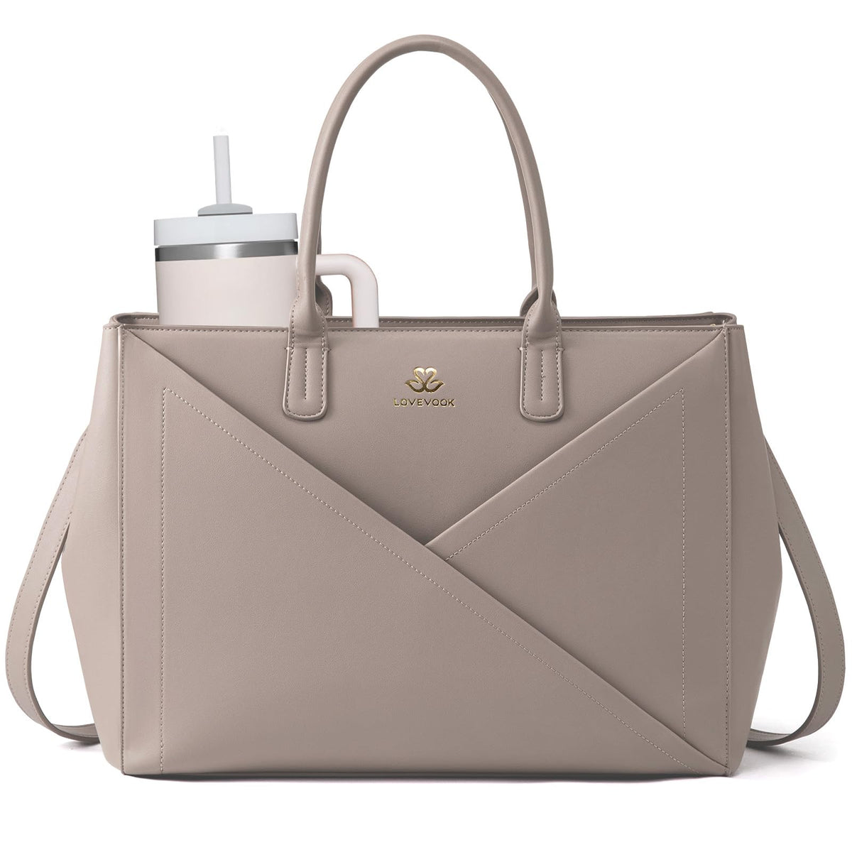 LOVEVOOK Laptop Tote Bag for Women with Large Cup Holder, 16 Inch PU Leather Work Bag Teacher Tote Bag, Waterproof Computer Bags Business Office Briefcase Handbag