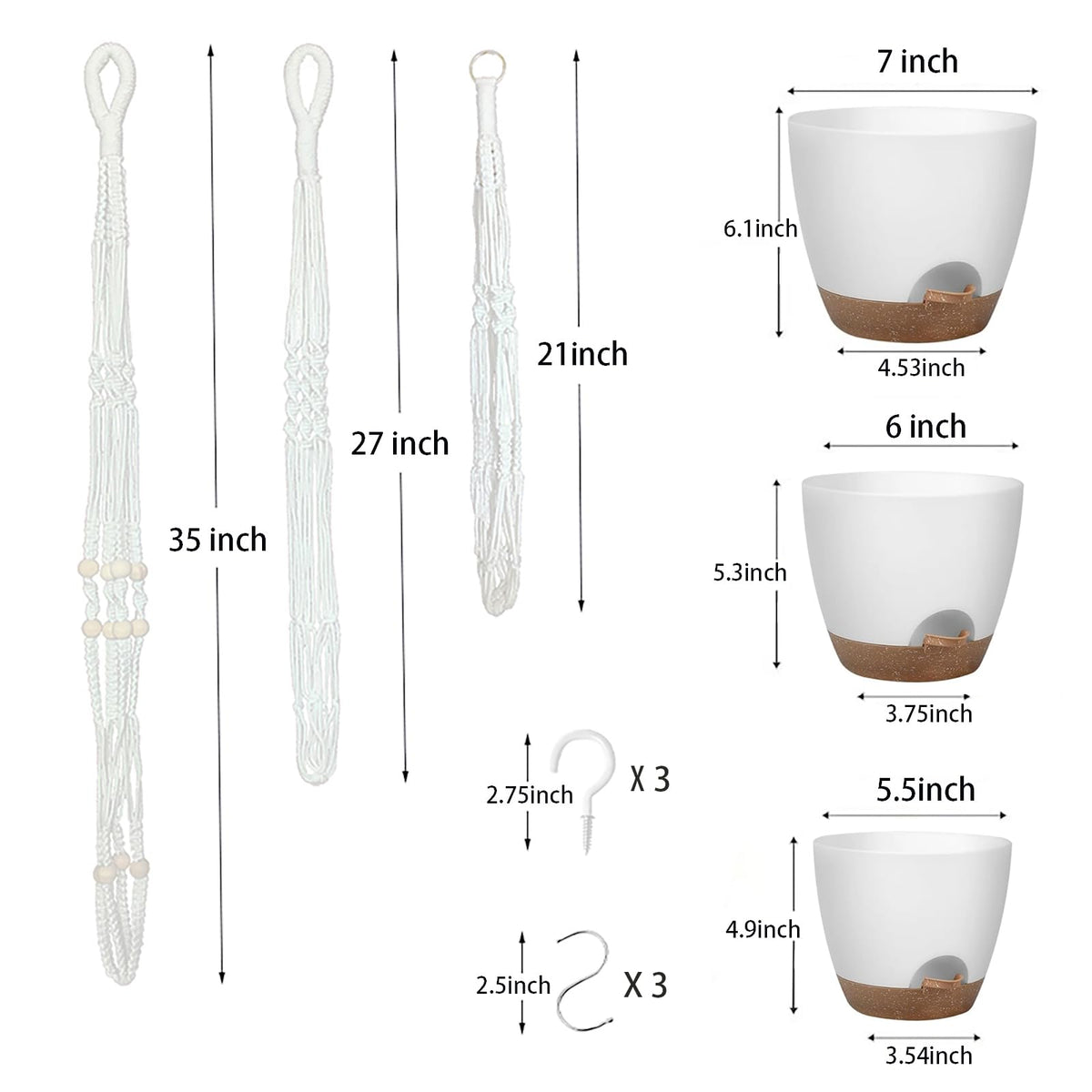 BLEAFLUV Hanging Planters with Macrame Plant Hangers for Indoor Outdoor Plants, 3 Set Hanging Baskets Flower Pots Holders 35''/27''/21'', Self-Watering Pots 7''/6''/5.5'', Boho Home Decor, White