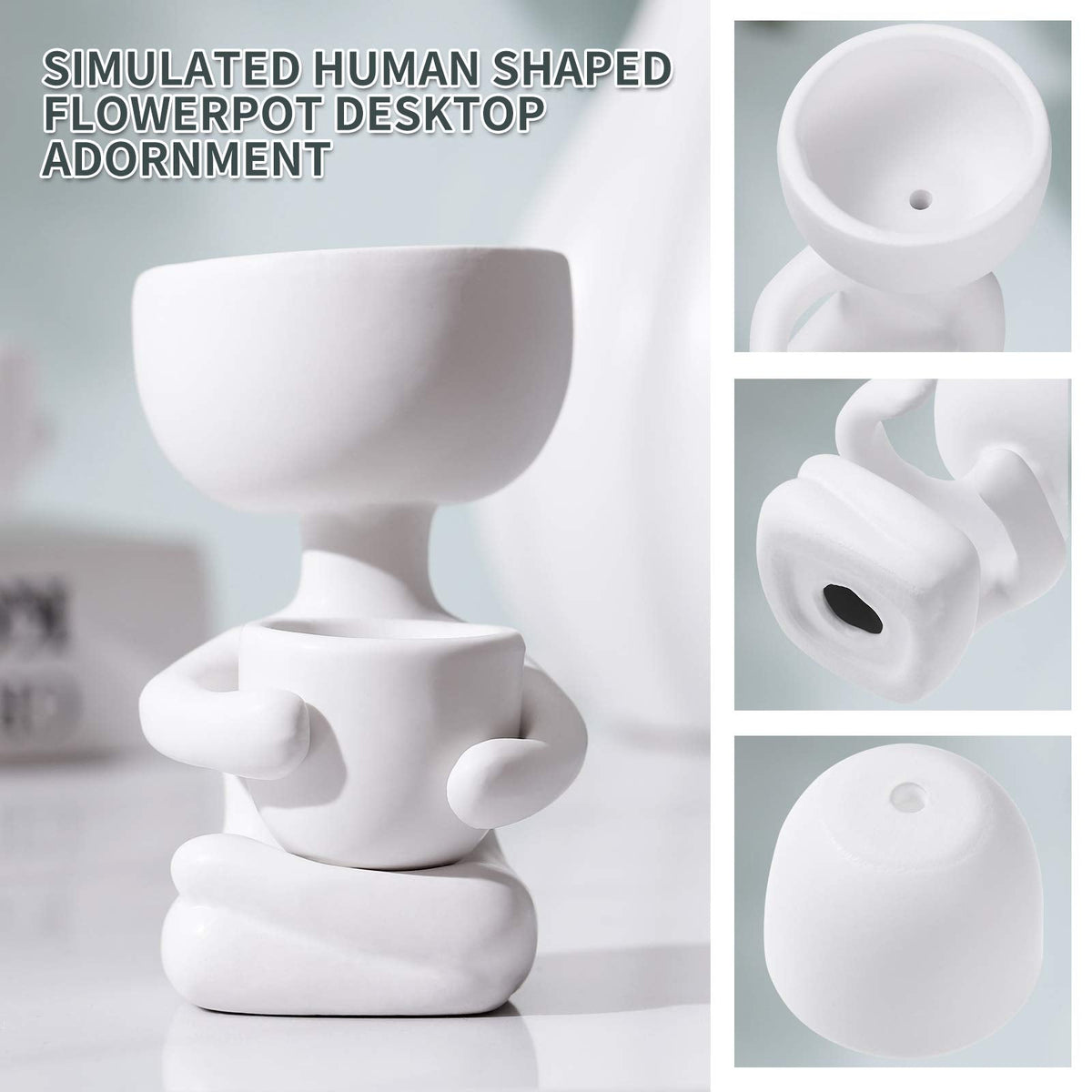 Humanoid Ceramic Flower Pot,Unique Small Planter Sitting Human Shaped Succulent Cactus Cute Plant Pot Container for Home Office Room Desk Window Desktop Decoration White,2.36x3.93 Inches