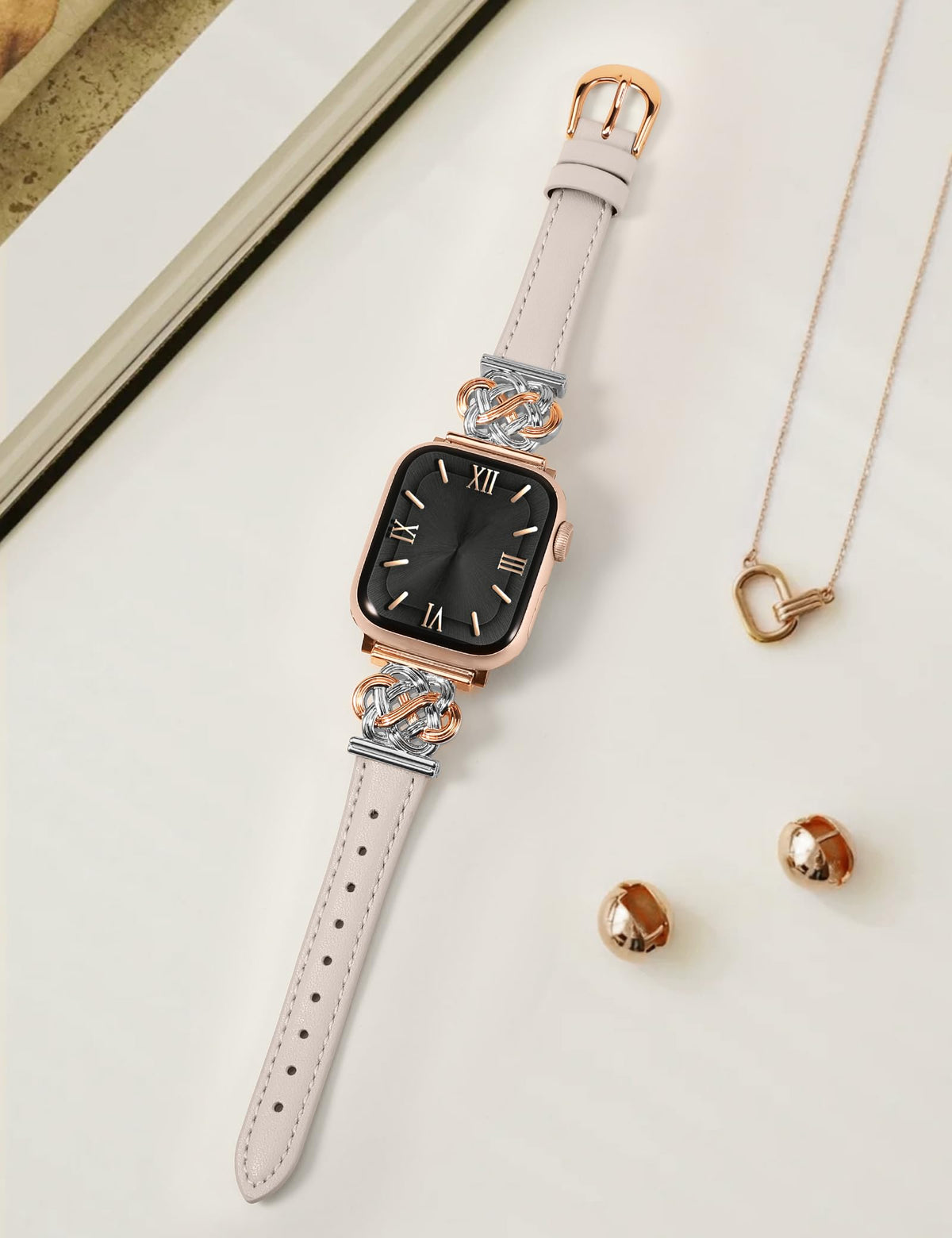 Minyee Celtic Knot Leather Band Compatible with Apple Watch Band 38/40/41/42mm Women, Elegant Interlock Buckle Thin Premium Leather Strap for iWatch Series 11 10 9 Ultra SE 8 7 6 5 4 3 2 1, Starlight