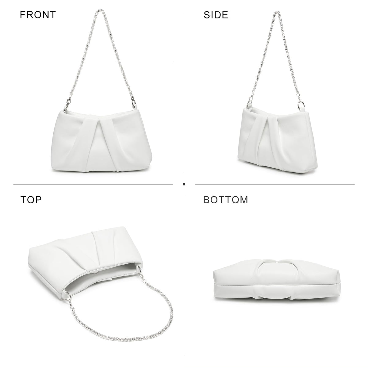 Dasein Elegant Pleated Evening Bag Soft Vegan Leather Clutch Purse Dressy Formal Handbag with 2 Chain Straps for Women (White)