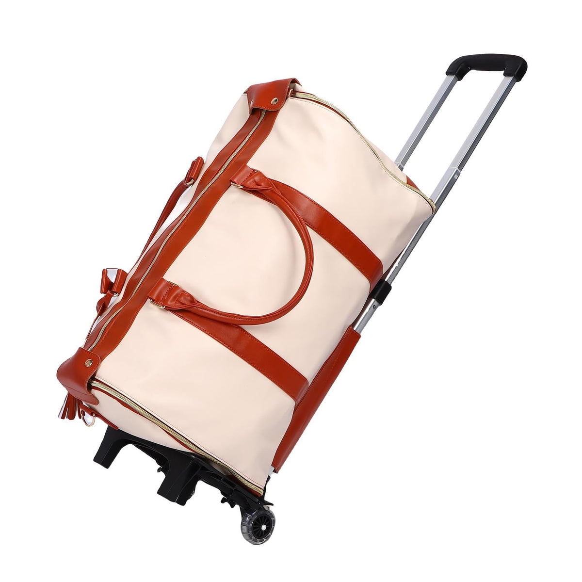 Keenso Rolling Garment Bag, Soft Leather Travel Bag with Detachable Trolley, 40L Large Capacity for Men and Women (Beige)