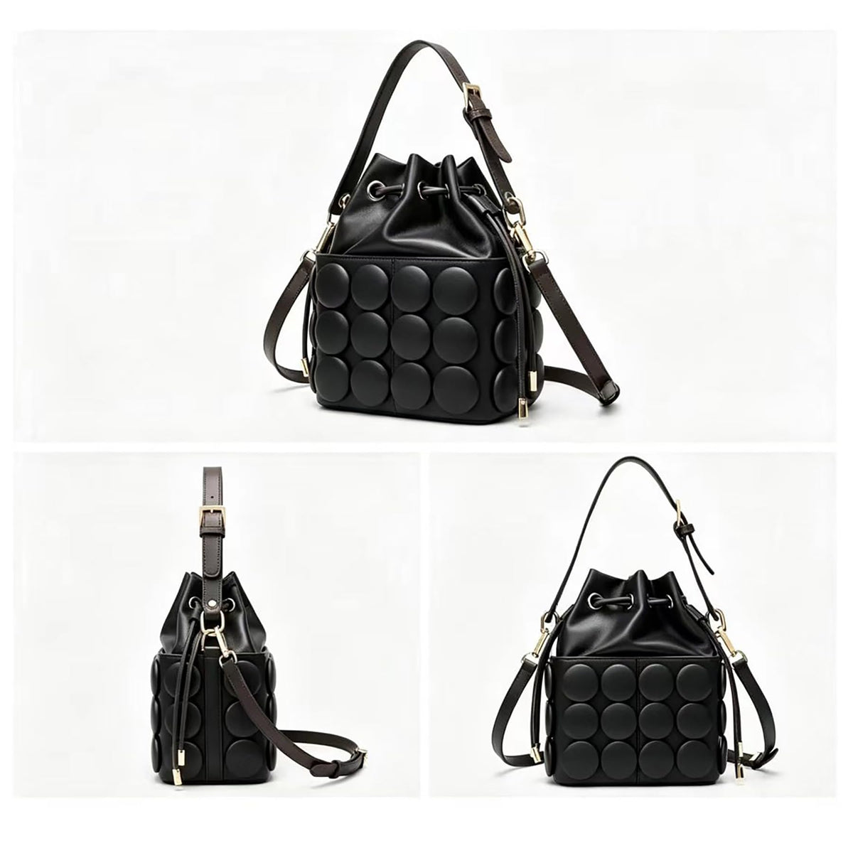 ZGRJSZDD Women's PU Leather Drawstring Top Handle Bucket Bag Purse with Solid Dot Patterns, Crossbody Shoulder Handbag, 9086 Black
