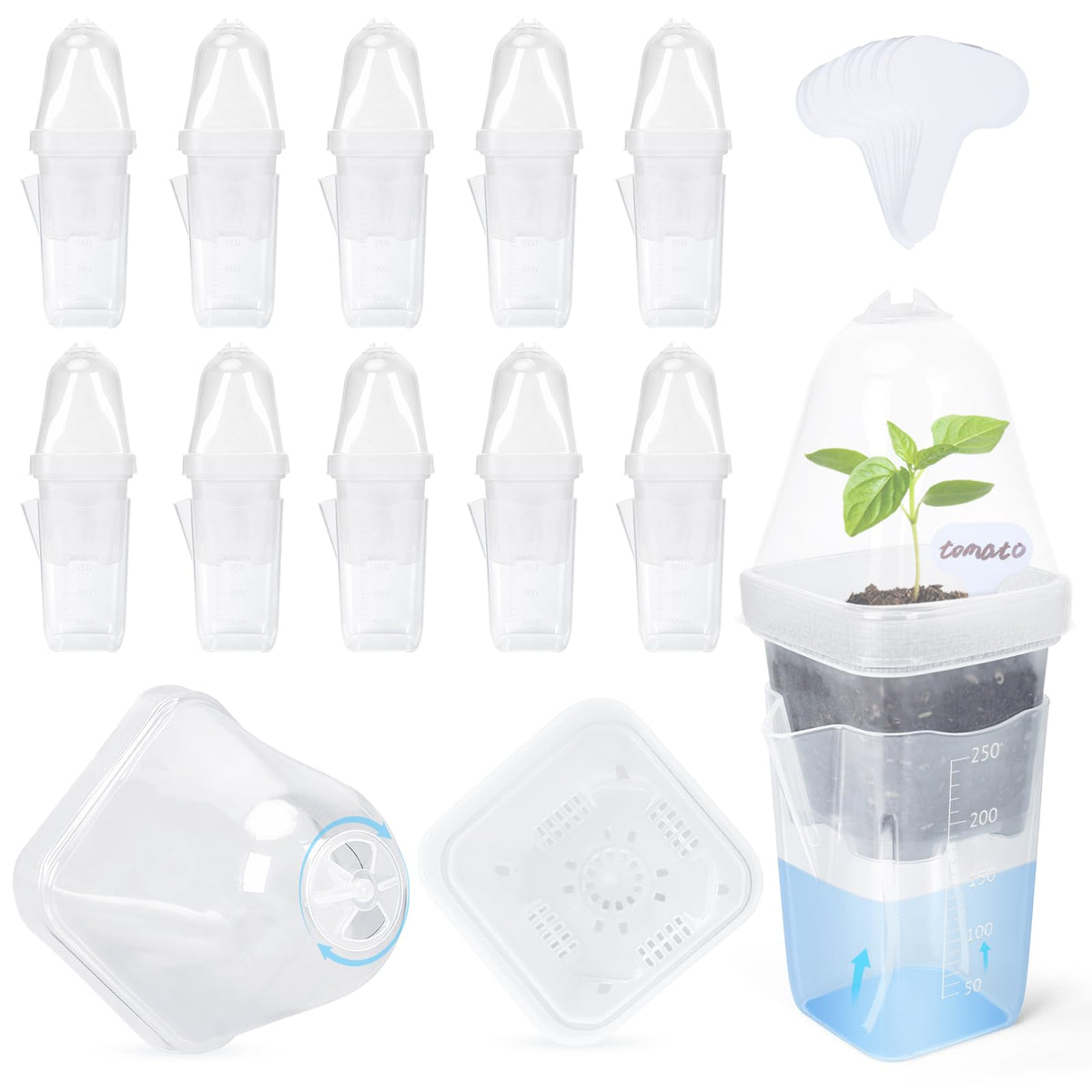 LEMEWEL 12 Pack 2.5" Self Watering Propagation Pots with Humidity Dome, Clear Plastic Seed Starter Cups, for Seedlings, Cuttings, Succulents, Herbs, Vegetables, 12 Plant Labels Included