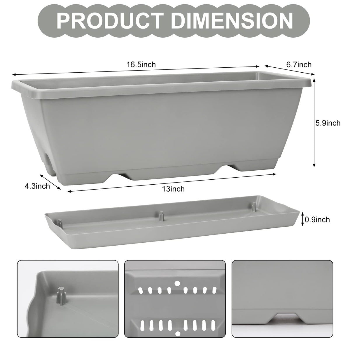 OSMOFUZE Window Box Planter, 6 Packs 17 Inches Rectangle Planters Box with Drainage Holes and Trays, Vegetable Planters for Windowsill Patio Garden Home Decor Porch Yard Light Gray