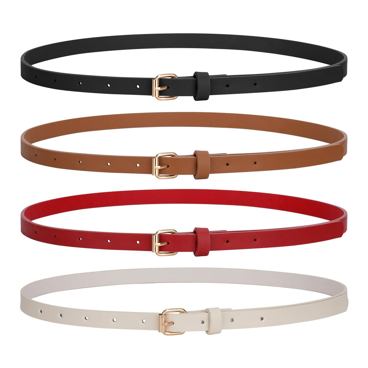 JASGOOD 4 Pack Skinny Women Leather Belt for Dress Thin Waist Belt for Jeans Pants with Gold Buckle 0.55" Width