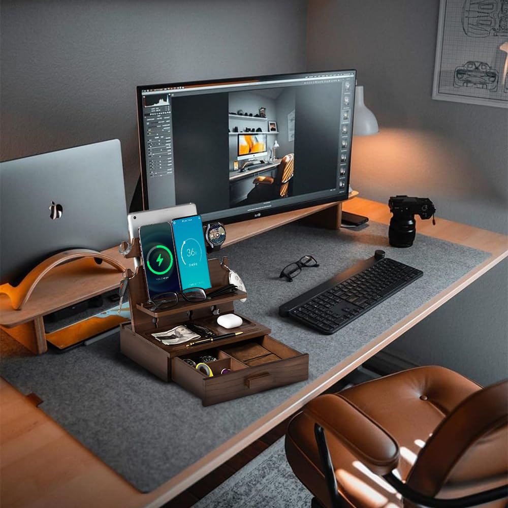 Wood Phone Docking Station for up to 3 Phones - Nightstand Organizer with Drawer for Valuables for Men & Women, Compatible with Apple Watch, Holds Phones, Tablets, Keys, Rings, Glasses, Watches & EDC