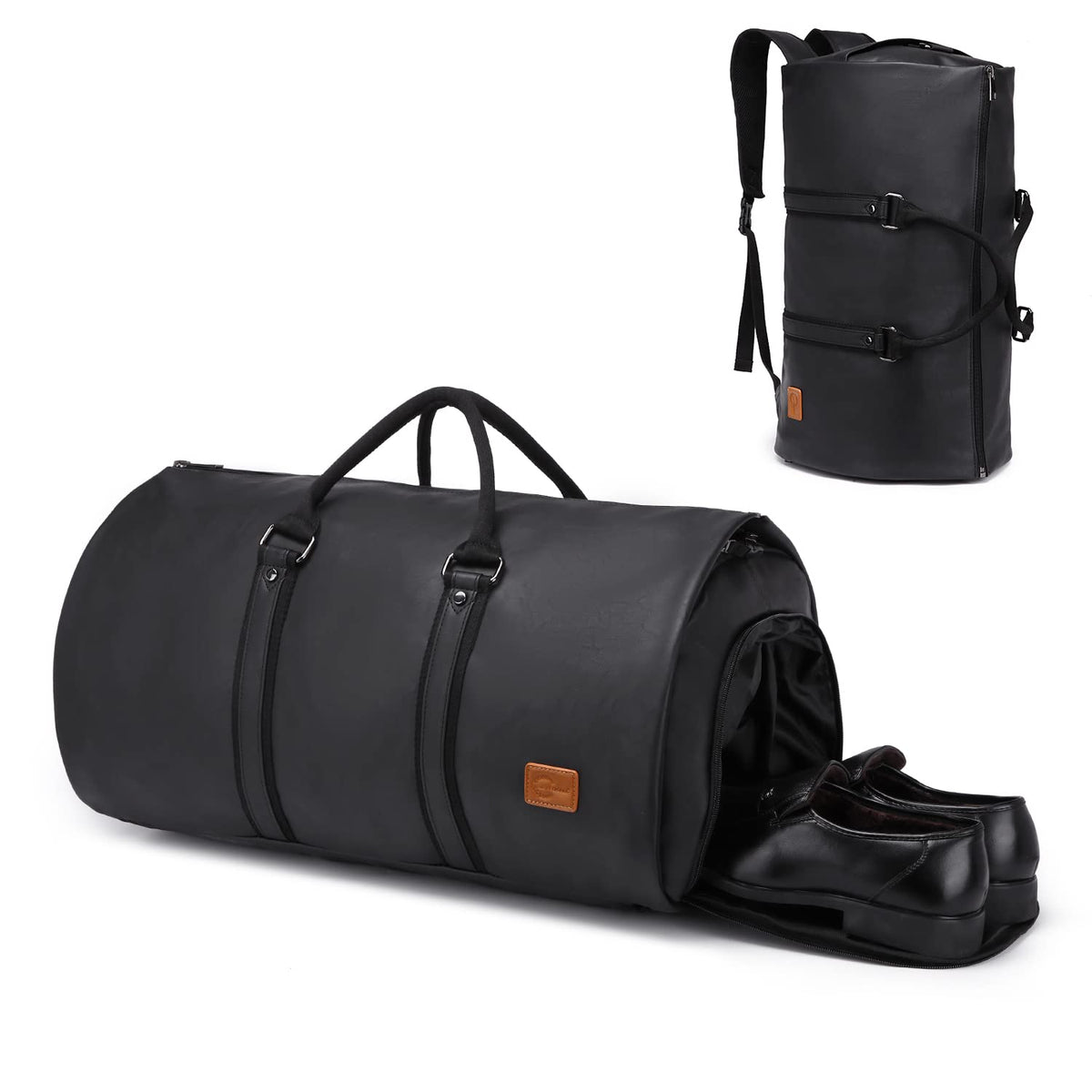 Carry On Garment Backpack, 3 in 1 Waterproof Mens Garment Bag for Travel Business, Leather Duffel Bag with Shoe Compartment -Black