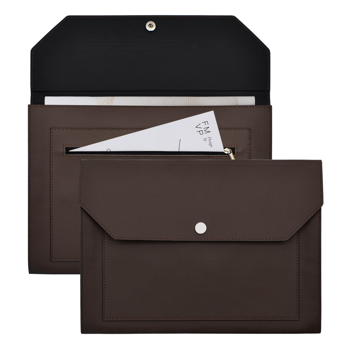 VANRA 1 Piece PU Leather Expanding File Folder Organizer Document Holder with Snap Button Zippered Pocket, Portfolio Envelope Folder Case for A4 Letter Size Paper (Dark Brown)