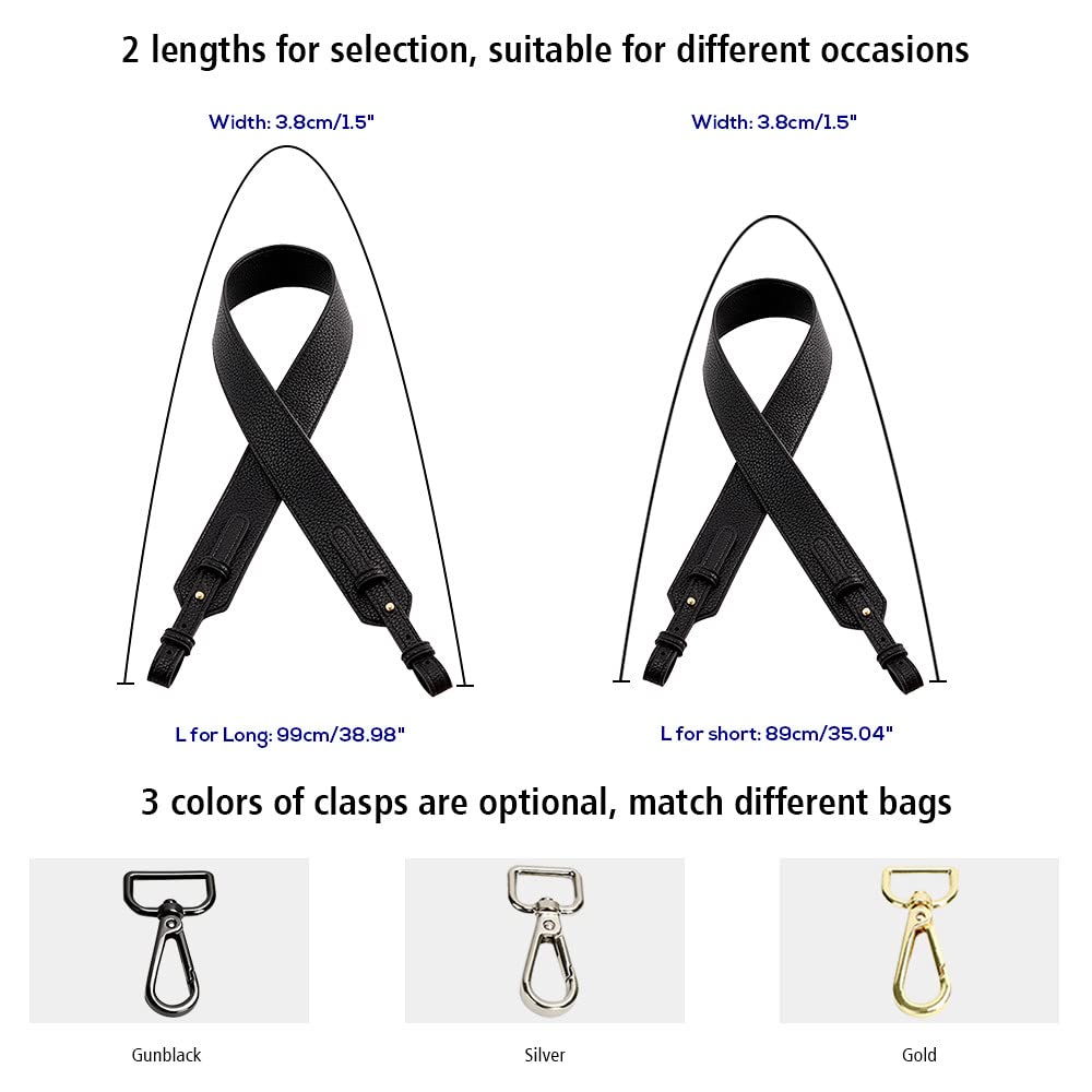 MOISTRI Grain Leather Purse Strap Adjustable Crossbody Replacement Straps for Handbags Monk Head Screws Detachable Gold Clasps Long Black