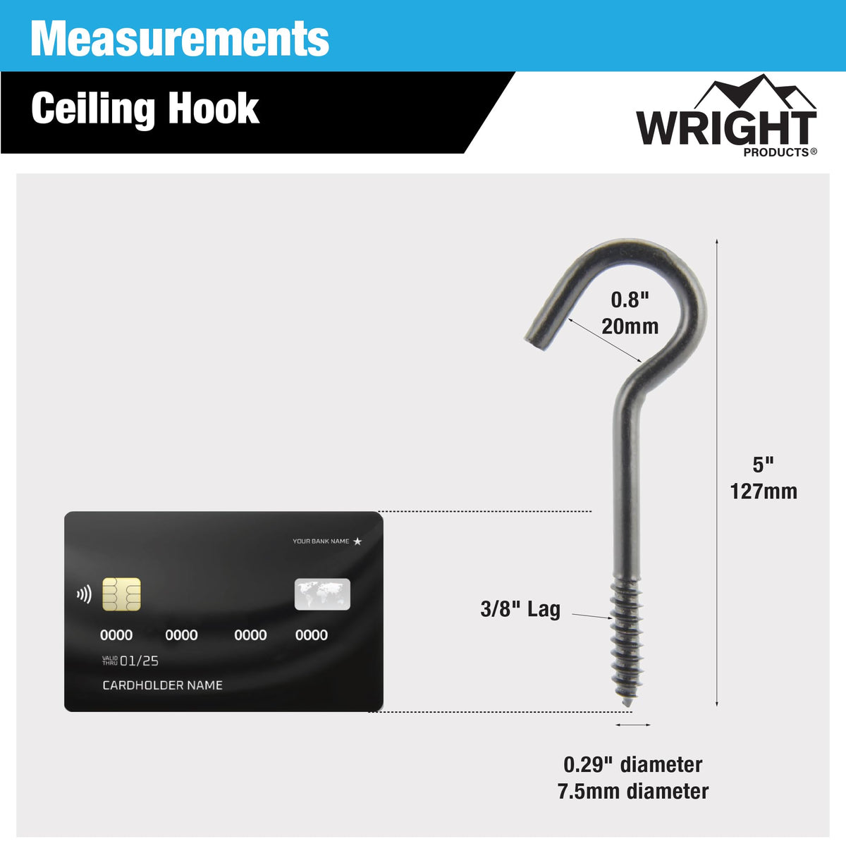 Wright Products Ceiling Hook, 10-Pack, 5 inch x .38 inch, Heavy-Duty, Weather Resistant for Indoor or Outdoor Use, for Hanging Plants, Lights, and Decorations - Matte Black
