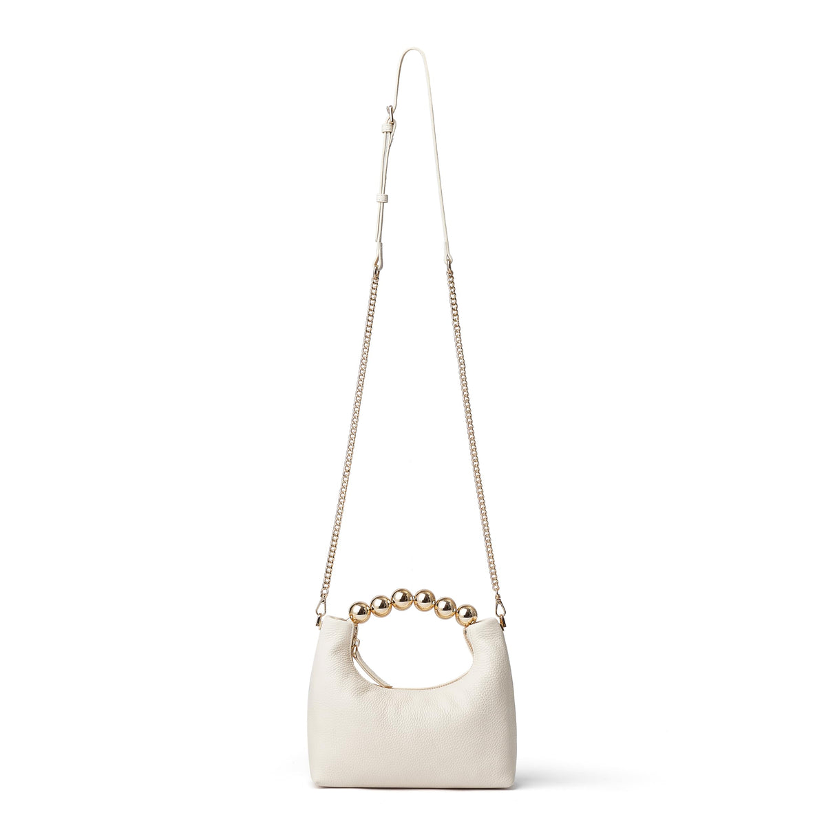 DORIS&JACKY Small Top Handle Clutch Purse for Women, Designer Leather Evening Crossbody Bag with Metal Ball Tote Handle And Leather Chain Strap (Cowhide- White)
