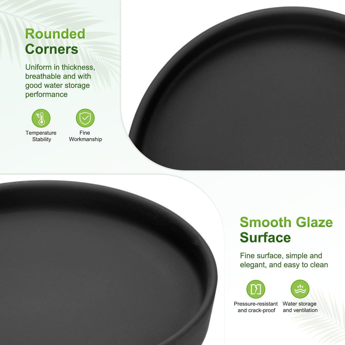 M METERXITY 2-Pack Plant Saucers, 6.3 Inch ID Anti-Rot Root Ceramic Flower Pot Plant Saucers for Indoor/Outdoor, Round Flowerpot Drip Tray [6.9 Inch OD, Black]