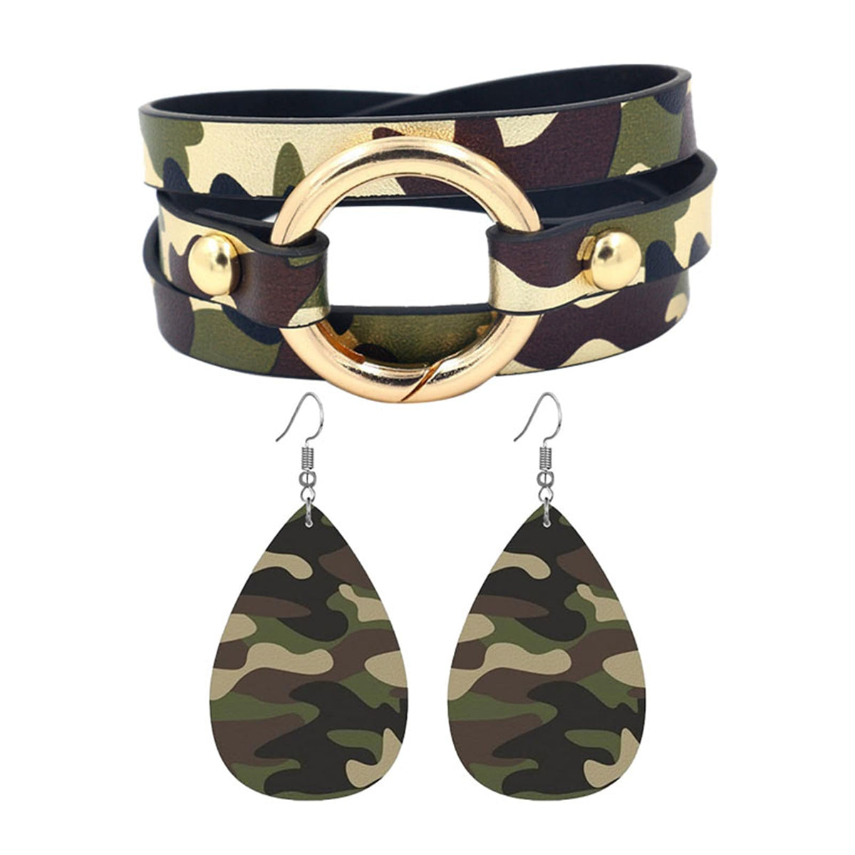 Dreuyet Leather Camo Bracelet for Men Women Boho Camouflage White Black Charm Circle Cuff Bangle Multilayer Stackable Leather Wrap Bracelets Costume Jewelry (Camouflage Earrings and Bracelet)