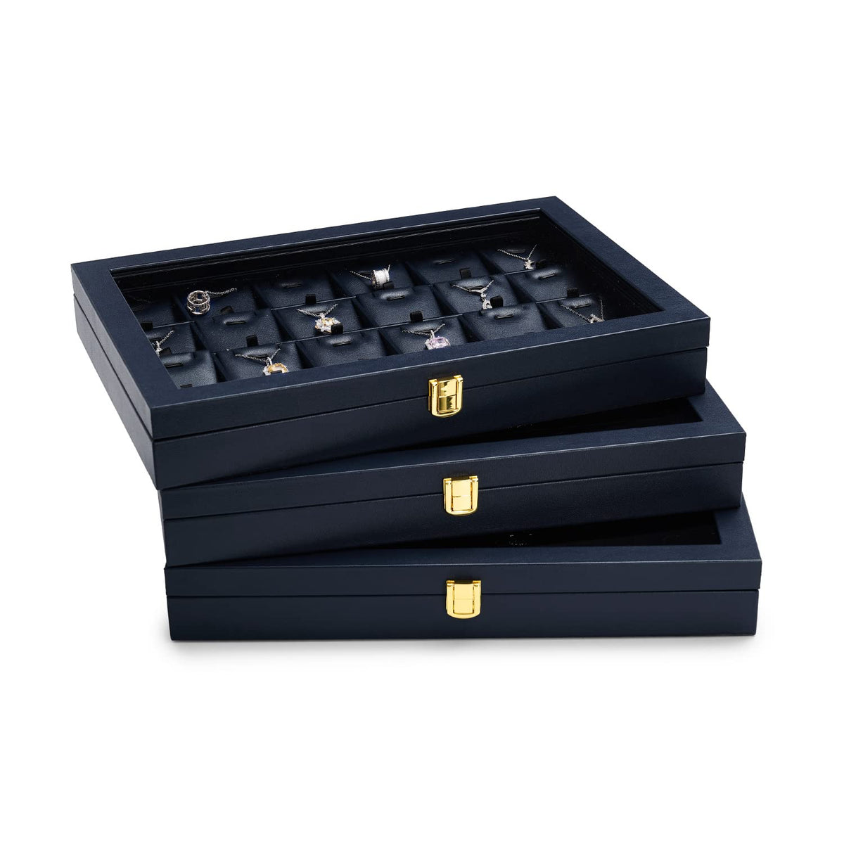 Oirlv Premium Blue Leather Rings Earrings Organizer Tray with Clear Lid Jewelry Display Box with Acrylic Lid Stackable Jewelry Box Drawer Inserts
