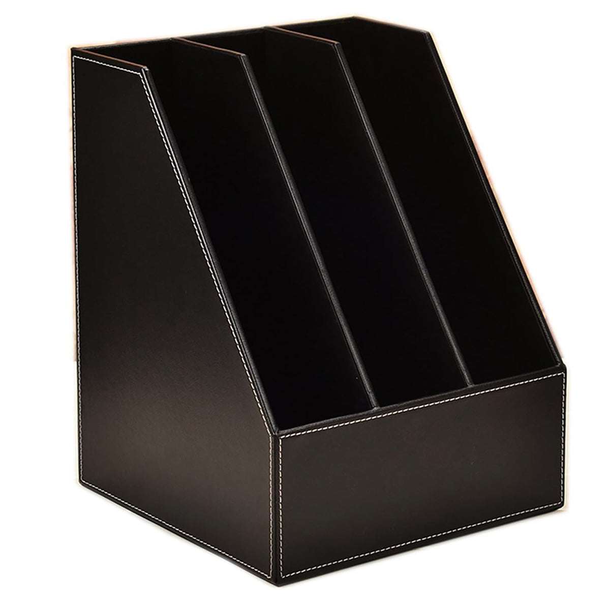 3 Tier Leather Magazine Holder - Vertical File Organizer with PU Leather Cover, Handmade Office Desk Organizer for A4/A3 Documents, Magazines, Books - Black (3 slot)