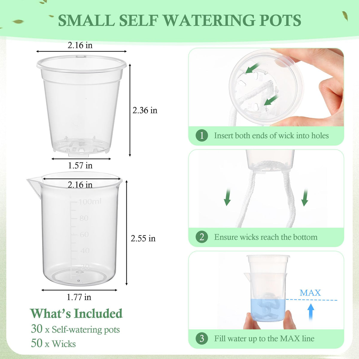 Ferrochef 30 Pcak 2.2'' Small Self Watering Planters for Indoor Plants Mini Clear Pots with Water Level Indicator Plastic Automatic-Watering Pot with Drainage Holes for Semi-hydroponic African Violet