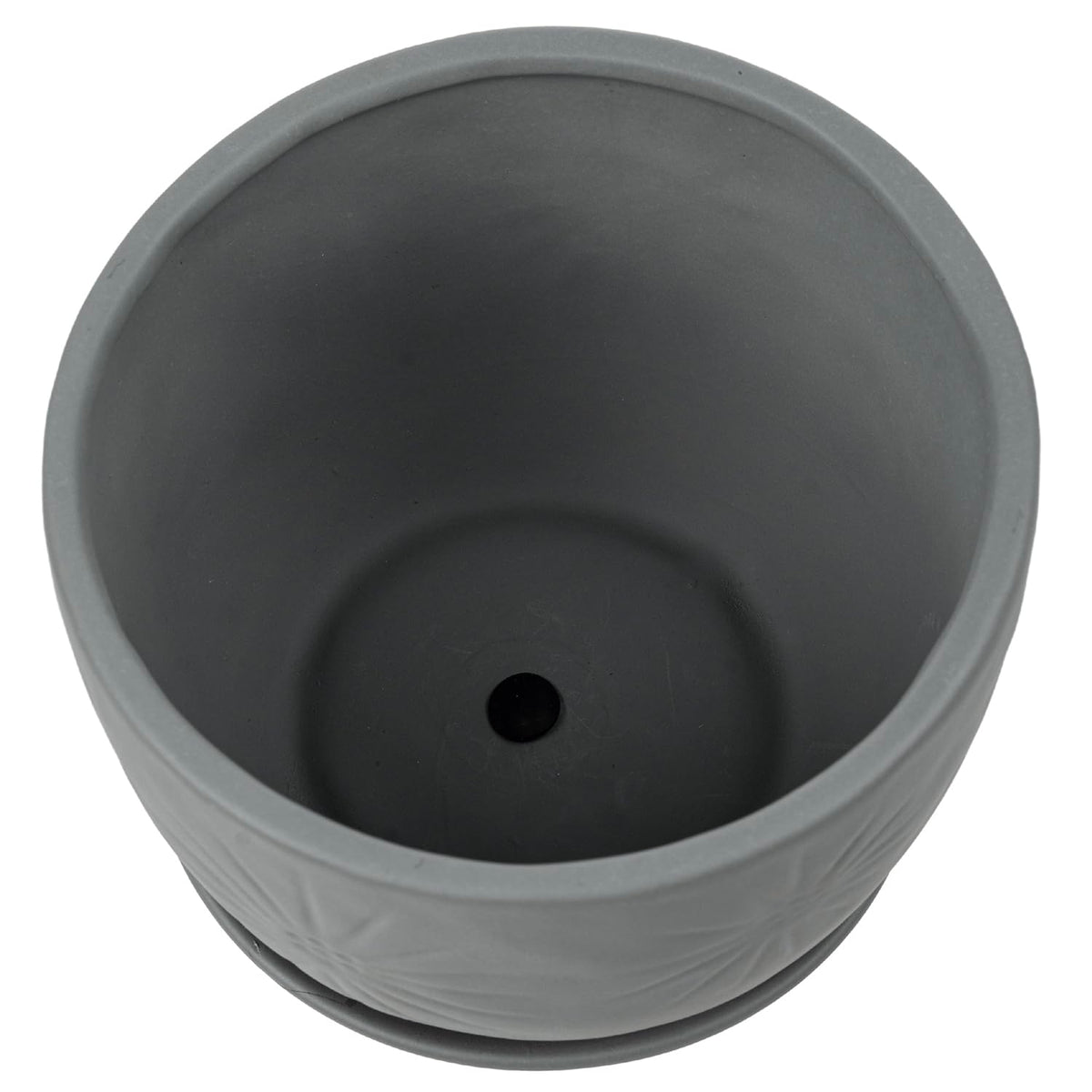 MyGift 7 Inch Grey Ceramic Plant Pot with Drainage Hole and Attached Saucer, Modern Decorative Embossed Sunburst Planter Container for Indoor Home Garden