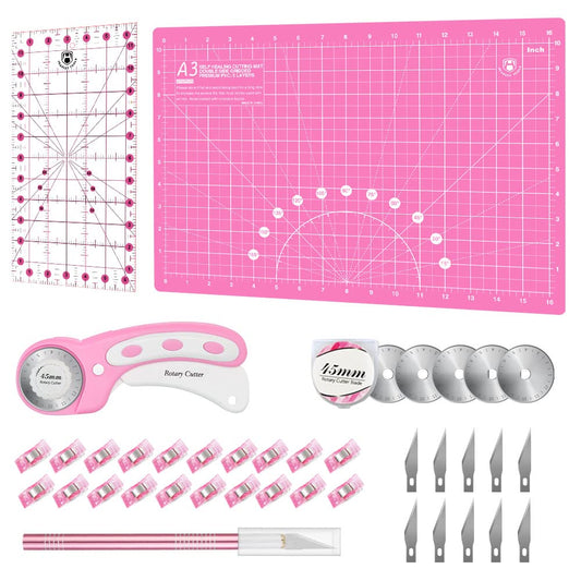 Headley Tools Rotary Cutter Set - 45mm Fabric Cutter, 5 Replacement Rotary Blades, A3 Cutting Mat, Quilting Ruler and Sewing Clips, Craft Knife Set, Ideal for Crafting, Sewing, Patchworking, Pink