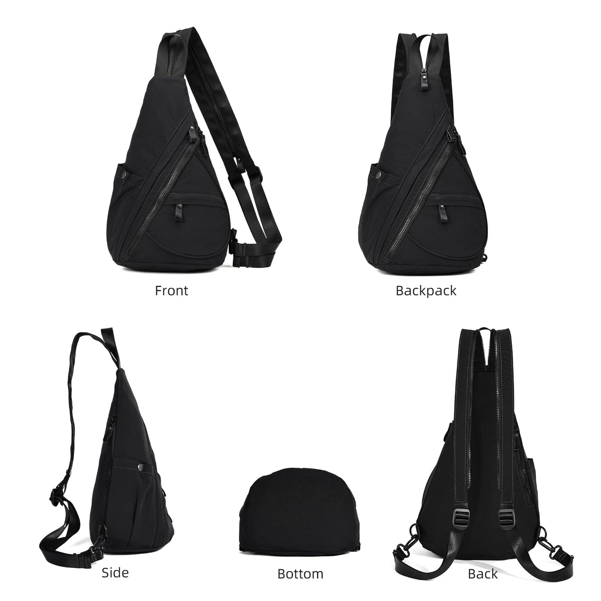 KL928 Crossbody Sling Backpack Nylon Cross Body Bag Travel Hiking Shoulder Bags Daypack Rucksack Unisex (Black)