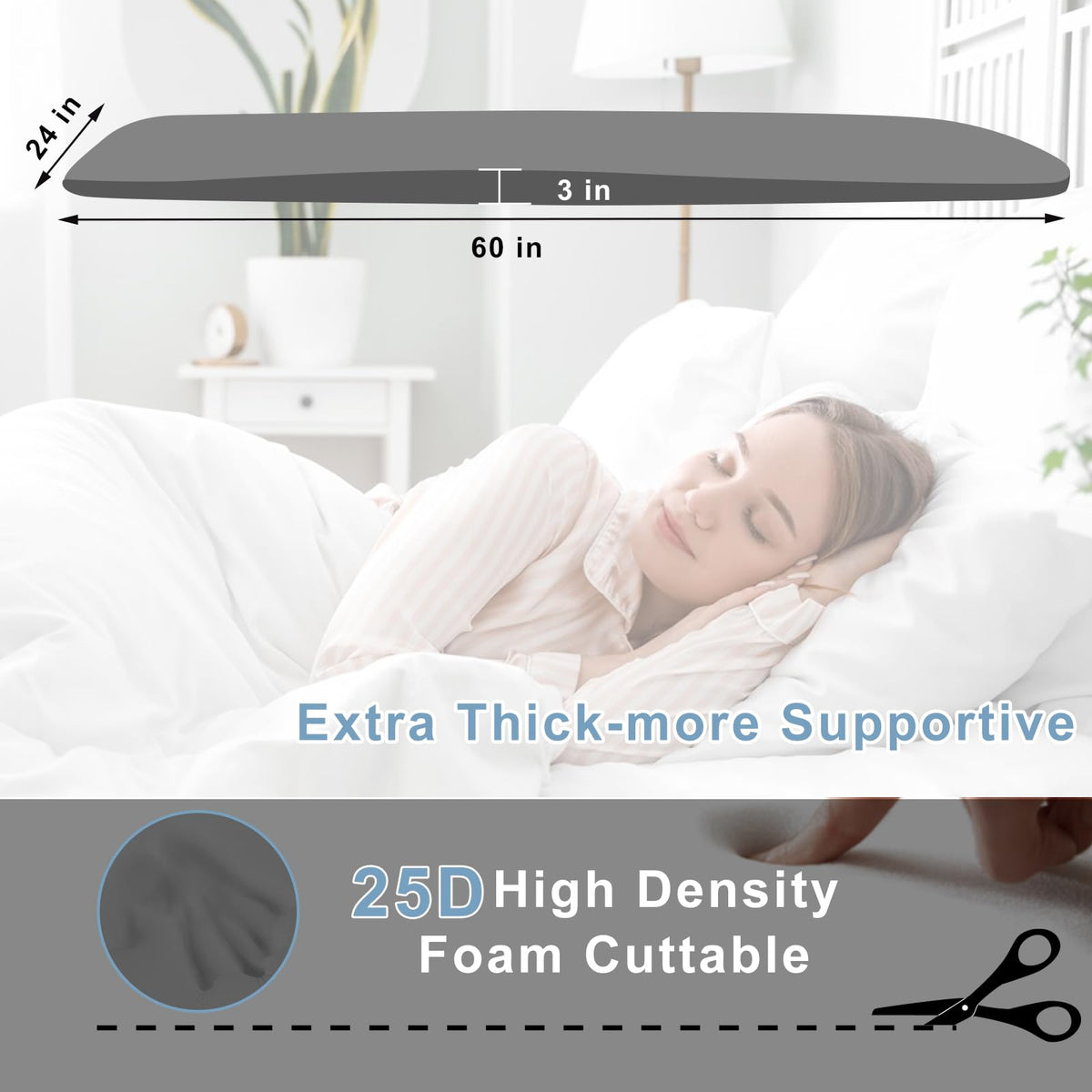 Extra Thick 3" Sagging Mattress Support, 60" L High Density Under Mattress Support Board, Memory Foam Pad to Fix Sinking Bed, Firm, Support, Stability - 60x24x3