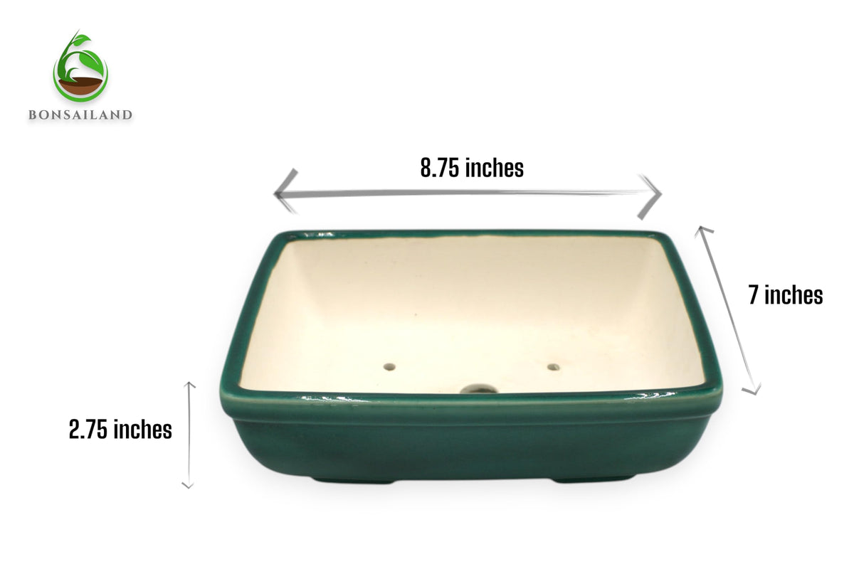 Bonsai Pot, Ceramic, Handmade, Rectangular with Round Corners, Green, 8.75 x 7 x 2.75 inches