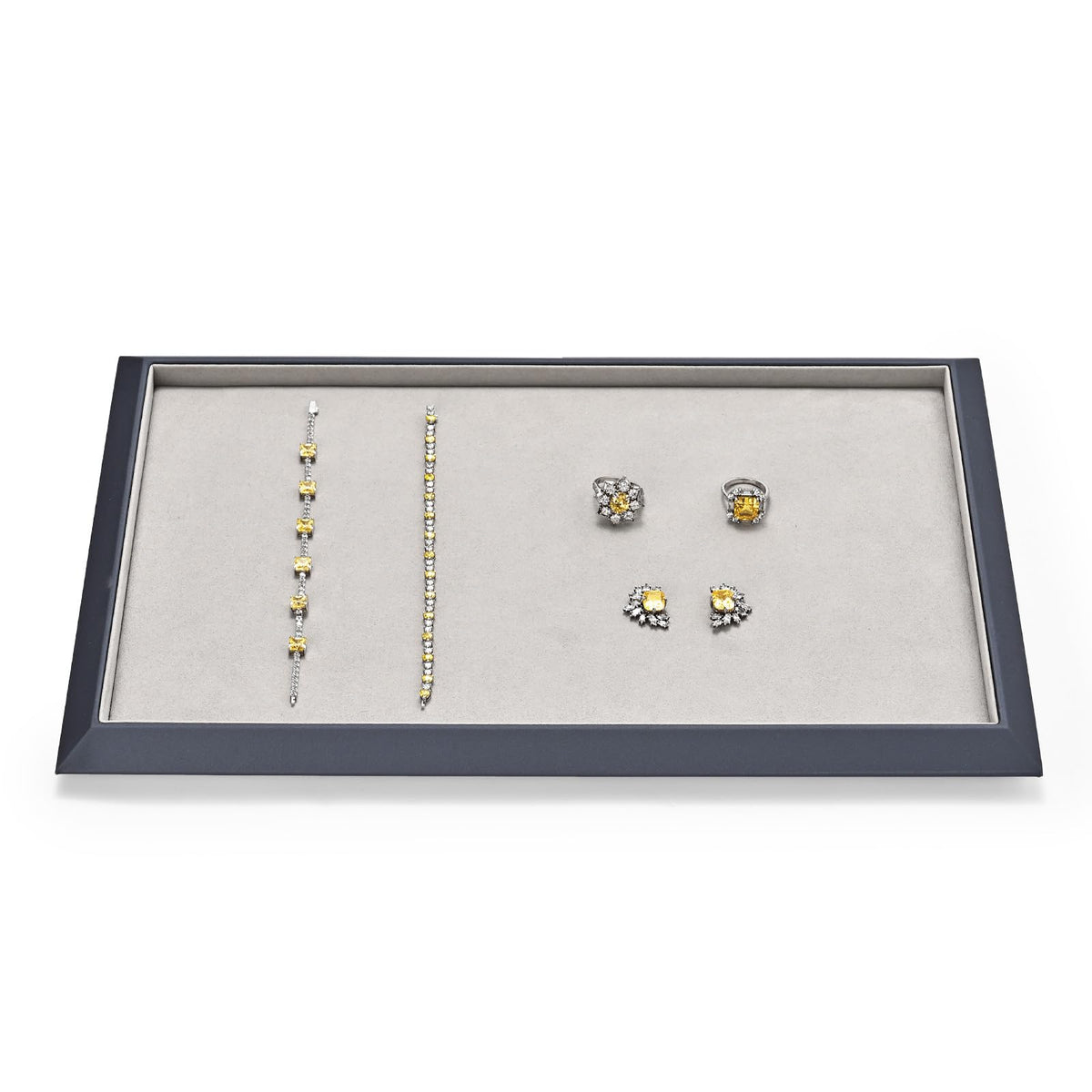 Oirlv Gray Leather Jewelry Display Tray with Microfiber Lining, Premium Square Corner Organizer
