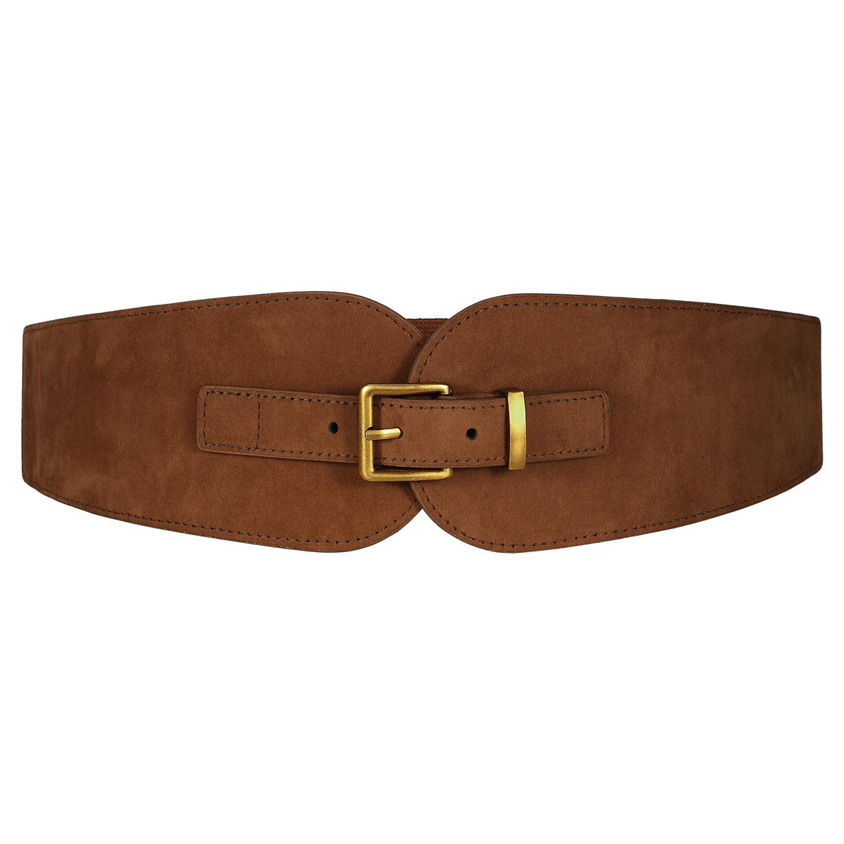 VONMELLI Women's Wide Elastic Belt Dark Brown Suede Stretchy Belt for Dress Suits with Vintage Gold Buckle, M