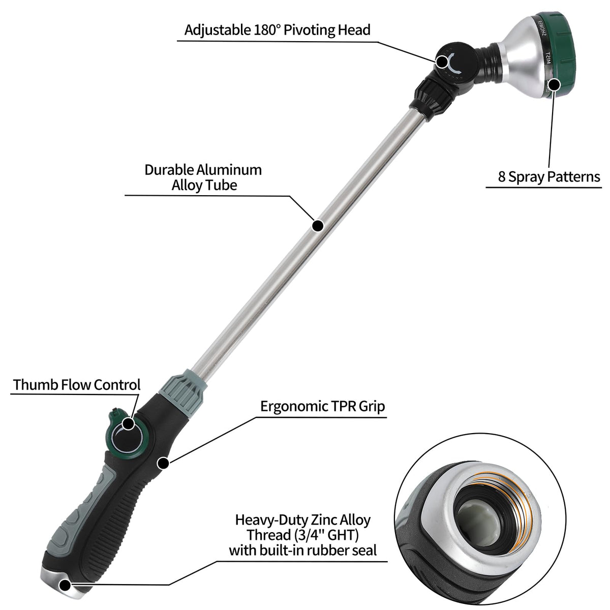 Seatern Watering Wand for Garden Hose, 24 Inch, 8 Spray Patterns, Garden Hose Nozzle with Thumb Flow Control, Adjustable Water Sprayer with Pivoting Head, Ideal for Hanging Baskets and Shrubs