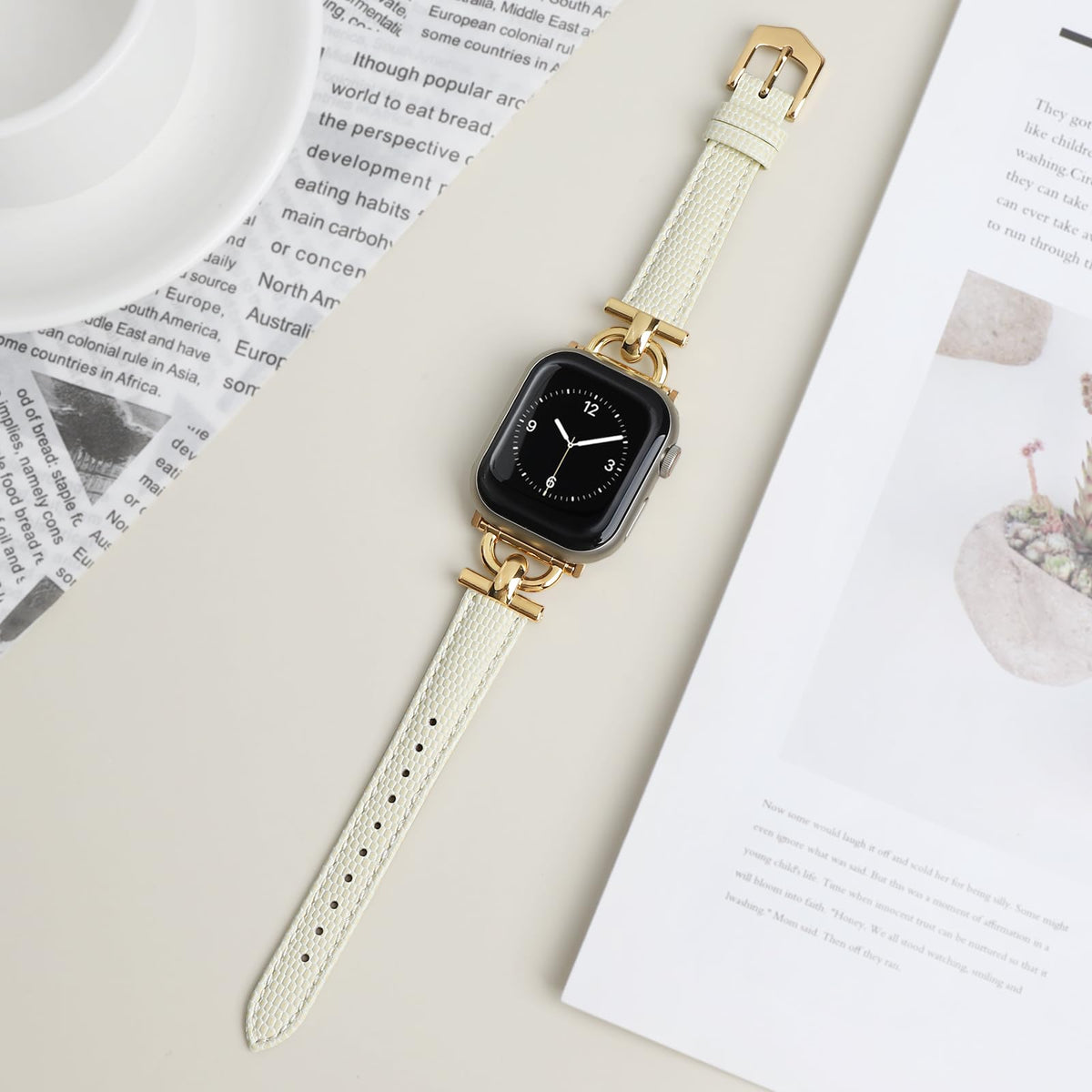 Leather Band Compatible with Apple Watch Bands for Women, Dressy Fancy Strap for iWatch Series 11/10/9/8/7/6/5/4/3/2/1/se(38mm 40mm 41mm 42mm,Milky White/Gold)