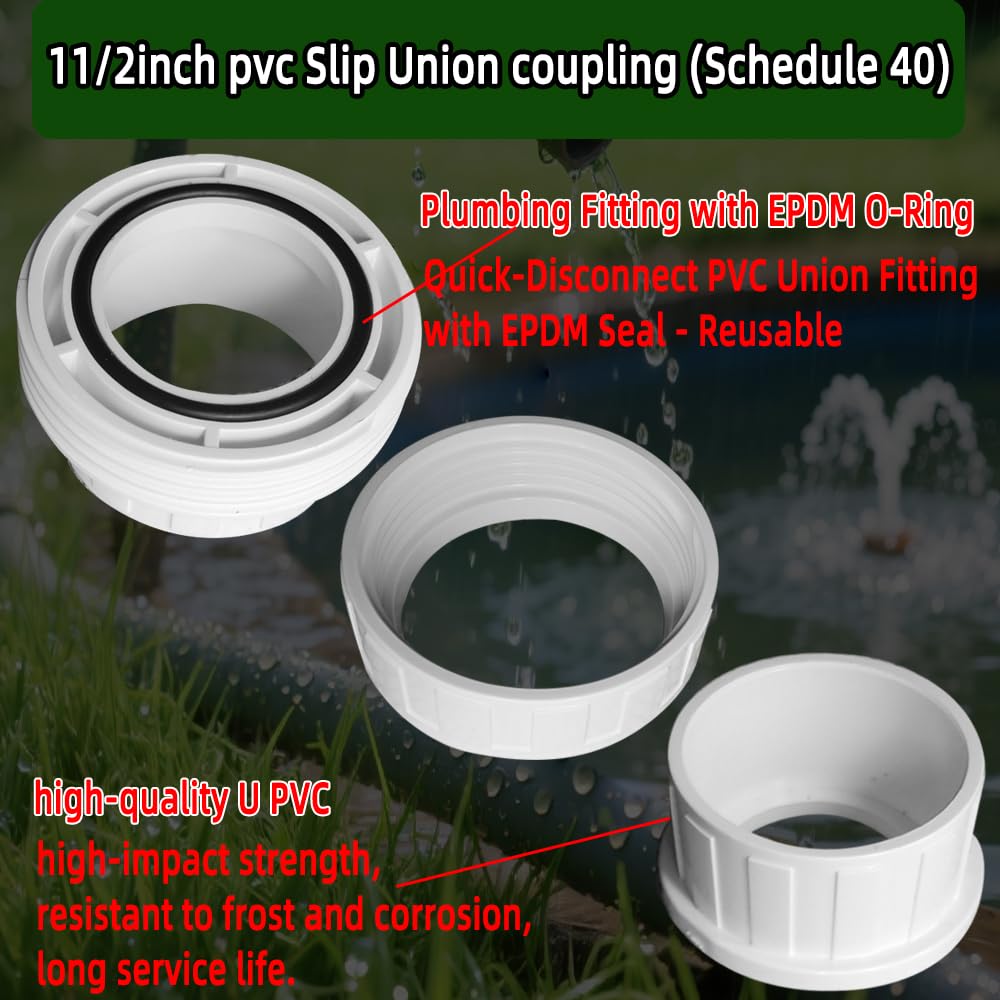 2Pcs 1-1/2" PVC Union Coupling Pipe Fitting (Socket x Socket),Schedule 40,Plumbing Fitting with EPDM O-Ring, White, 1.5" Pump Union for Spa Swimming Pool Pump, Farm Irrigation, Garden Watering.