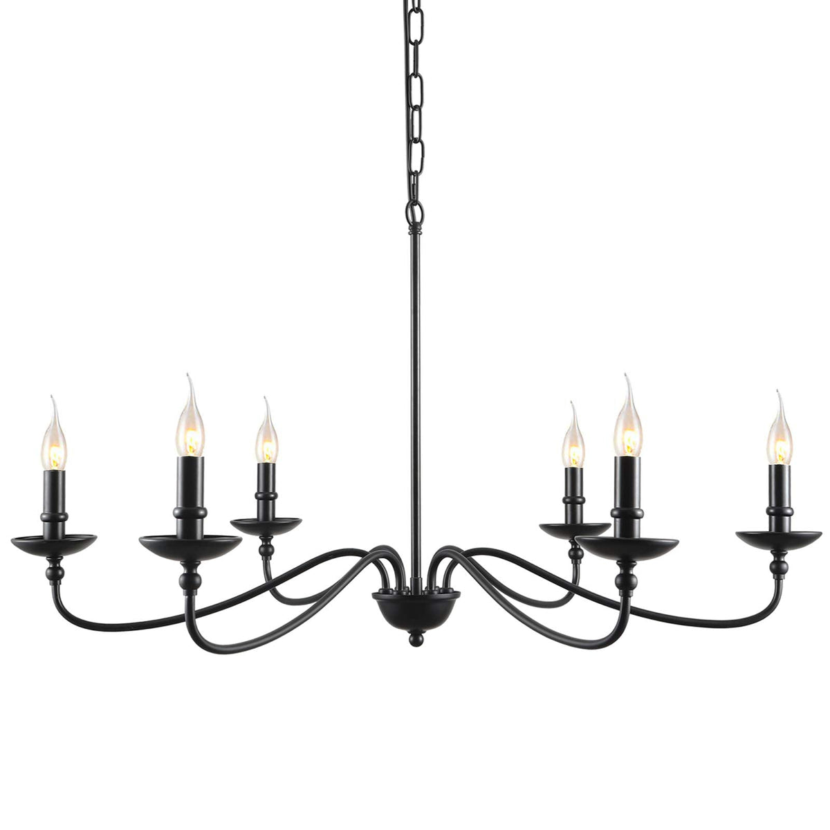 SEOL 6-Light Candelabra Chandelier, 36in Dia, Matt Black, Model SLP1902BK, Farmhouse Ceiling Pendant Light Fixture