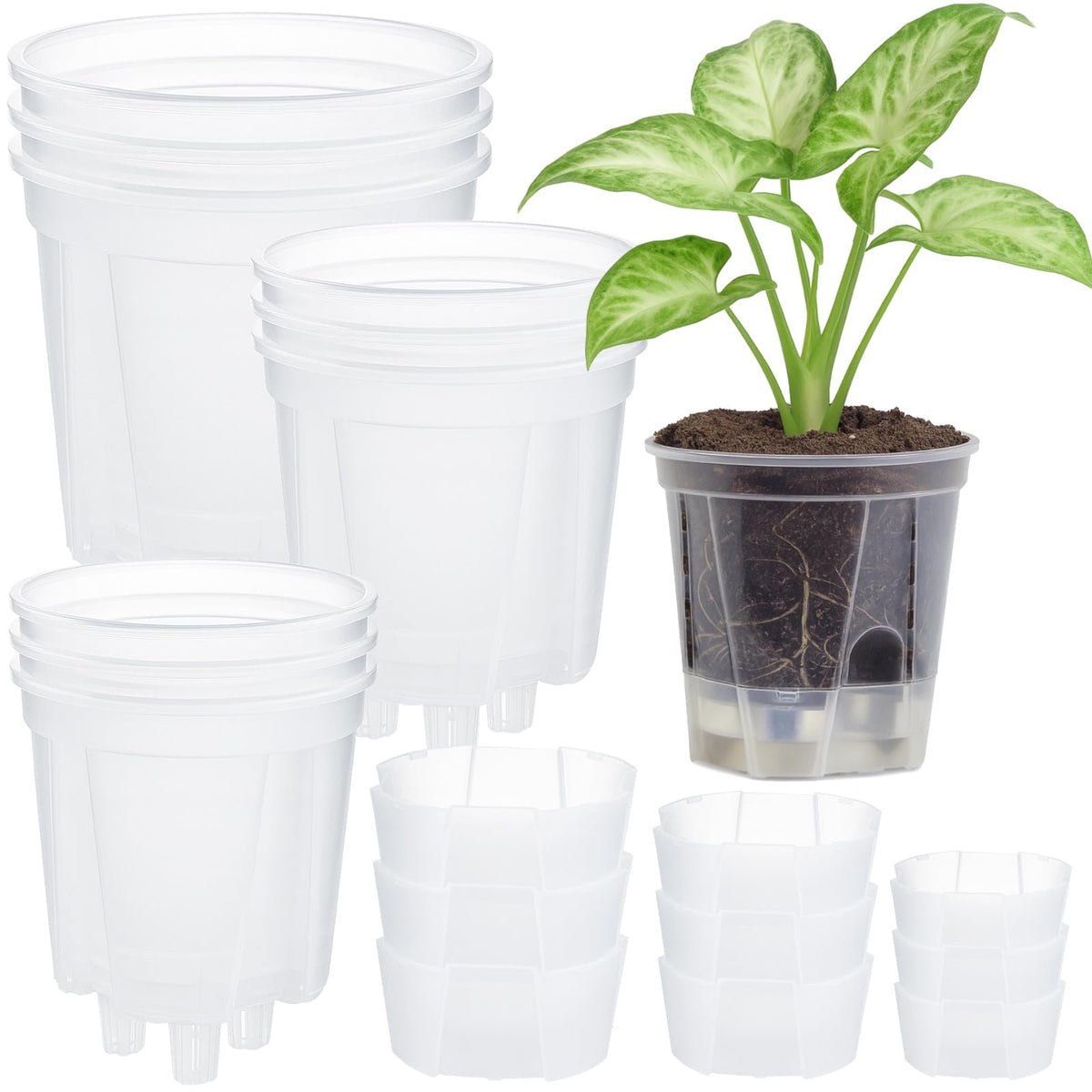 OMISTAR 9 PCS Self-Watering Pot with Reservoir, 3 Sizes Clear Plastic Plant Pots with Air and Drainage Holes, Indoor and Outdoor Flower Planters for Home Office, Healthy Root Growth