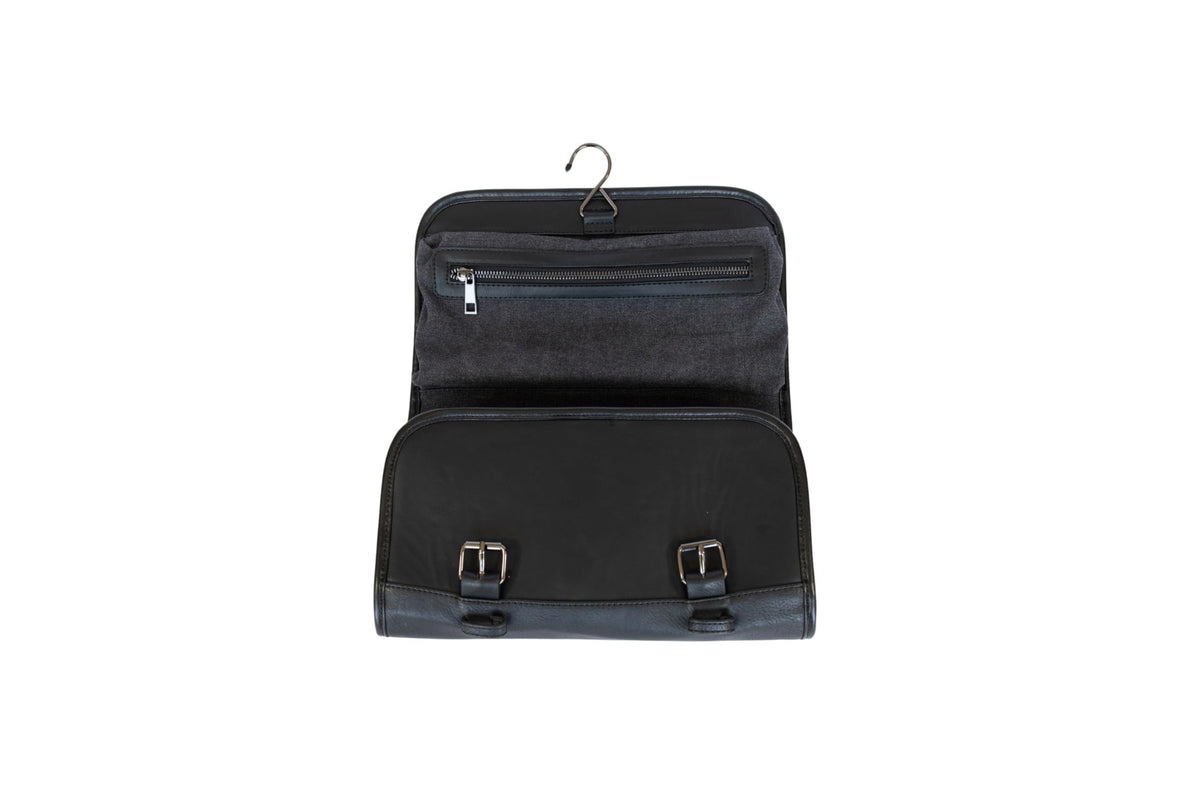 Vetelli Leather Toiletry Bag for Men - Water Resistant, 2 Zippered Internal Pockets, 2 Snap-Fastened Internal Pockets, and Hanging Hook. (Black)