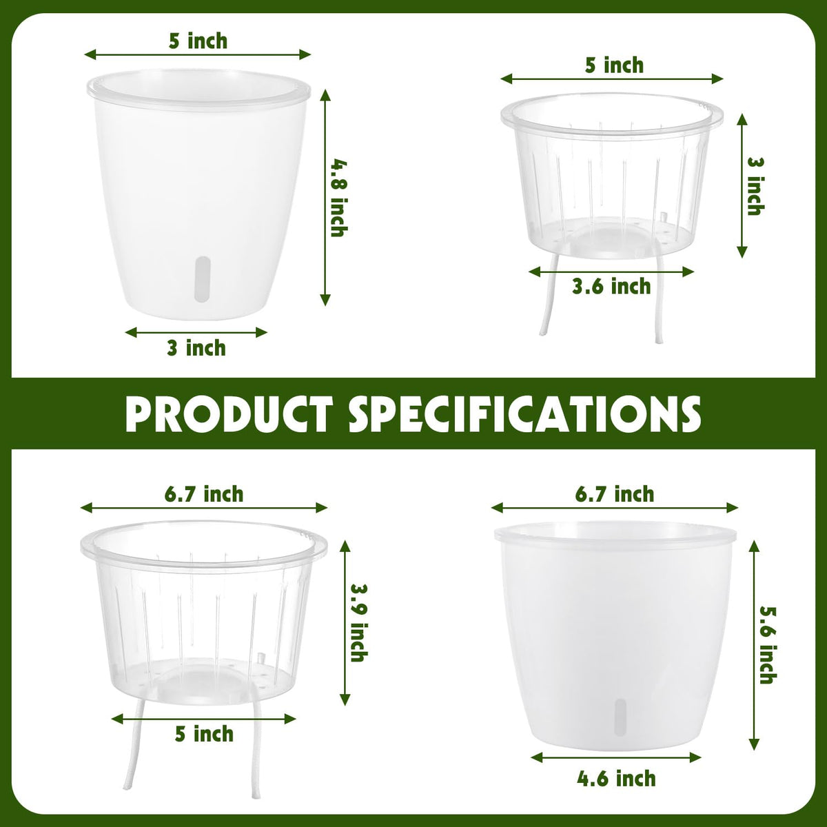 KvyusFlourish Self Watering Pots for Indoor Plants, 6-Pack 5'' Self Watering Planter with Drainage Holes, Small African Violet Pots with Water Indicator, Clear Wick Orchid Pot, White