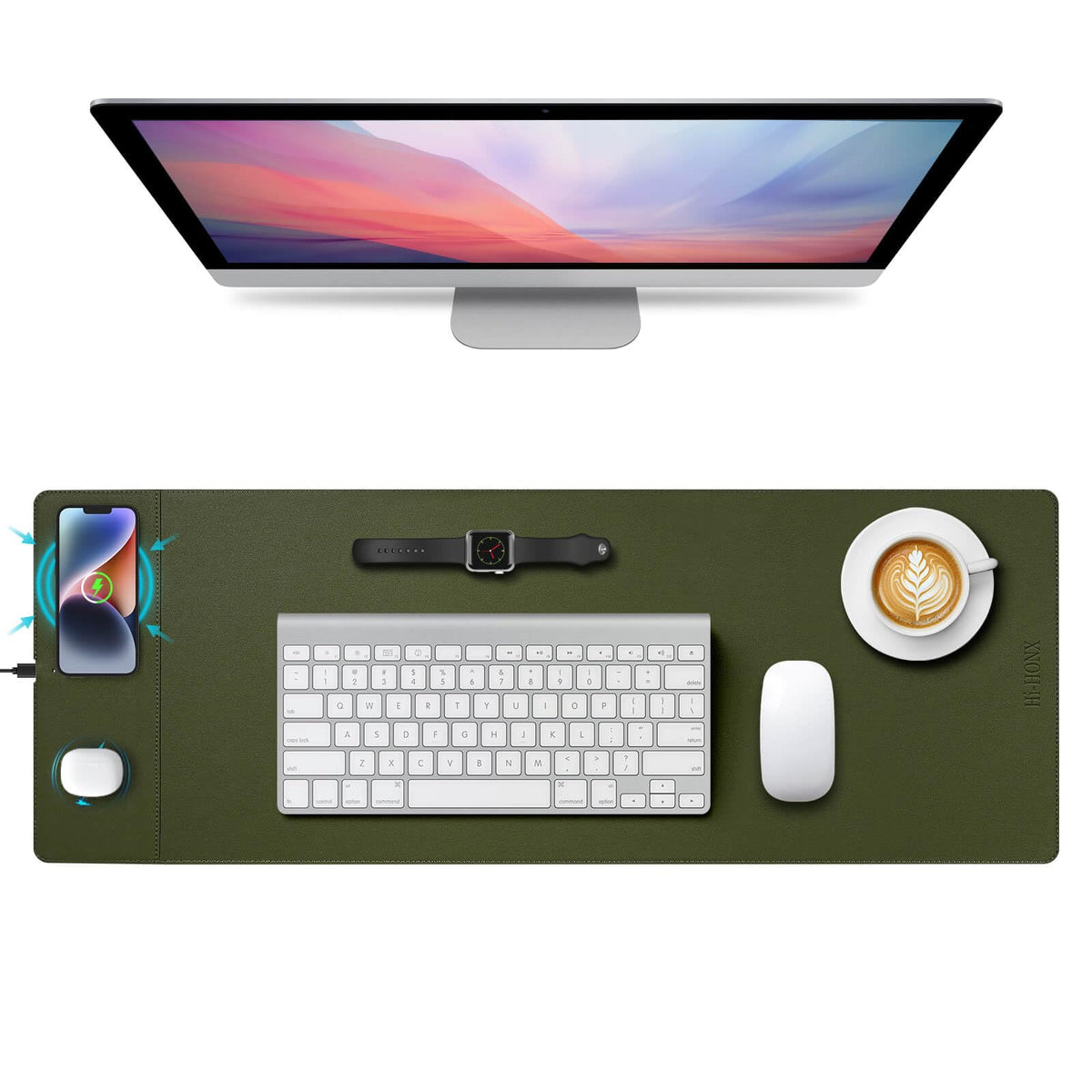 Hi-HONX Wireless Charging Mouse Pad, 15W Fast Charge Magnetic Charger Desk Pad, Large Office Desk Mat (31"x11.7") with Ultra-Smooth Surface, Green Computer Mousepad for MacBook, PC, Laptop