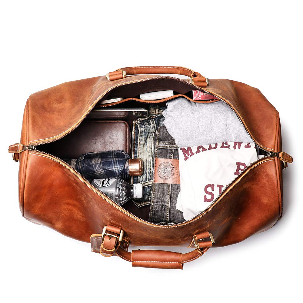 Leathfocus Leather Travel Duffel Bag, Mens Classic Gift Leather Weekend Bag Overnight Full Grain Retro Sport Gym Carry on Luggage YKK Zipper (Brown)