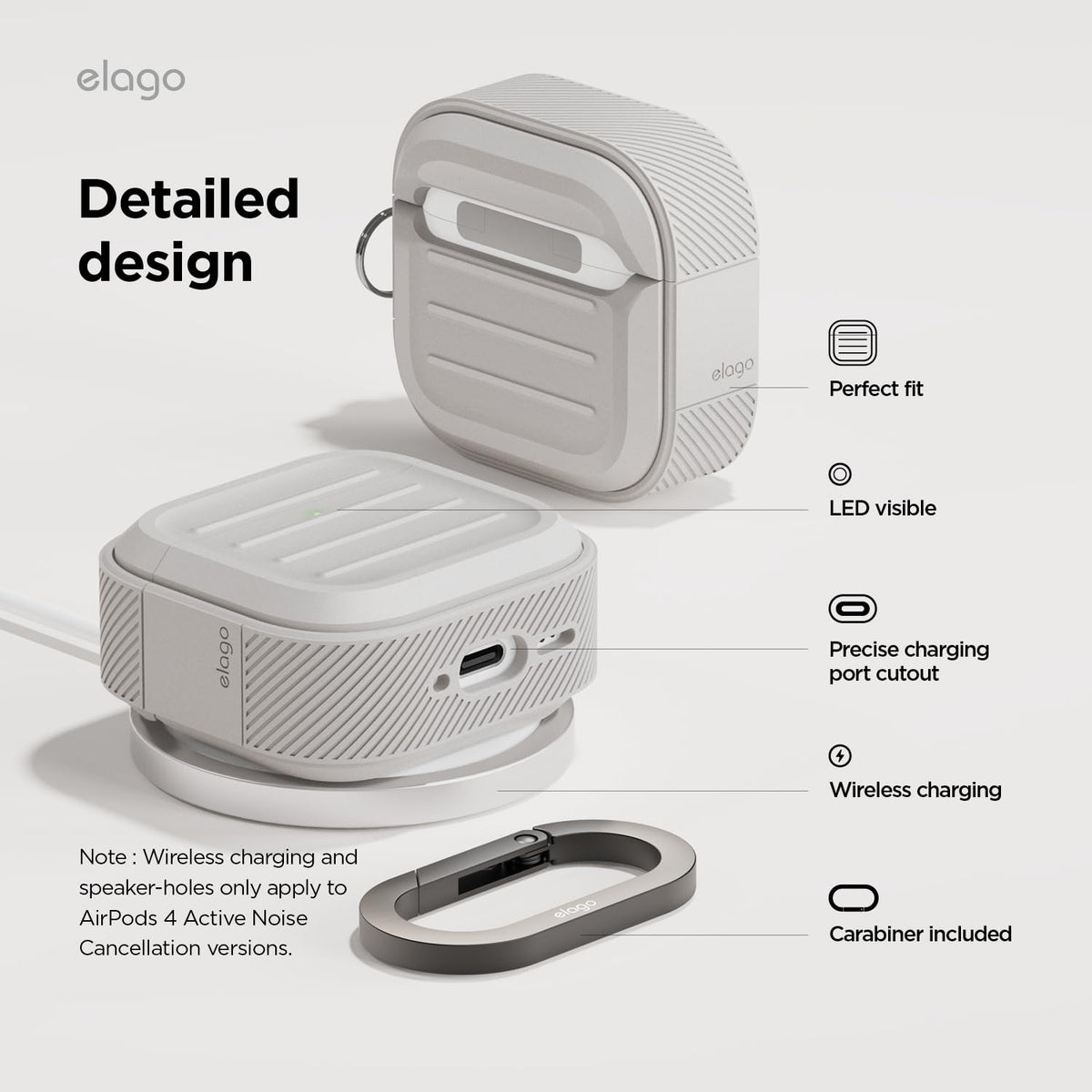 elago Armor Compatible with AirPods 4 Case - for AirPods 4th Generation Cover, Carabiner Included, Supports Wireless Charging, Shock Resistant, Full Protection (Stone)