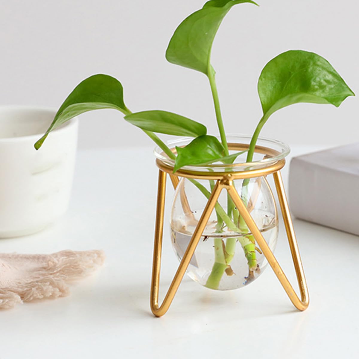 Homoyoyo Glass Planter with Gold Metal Stand, Decorative Hydroponic Vase Bulb for Desktop Plant Holder, Succulent Flower Arrangement Terrarium for Home and Office Décor