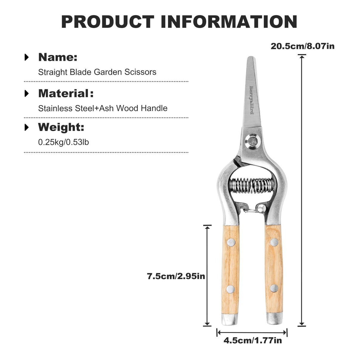Berry&Bird Straight Pruning Shears with Stainless Steel Blades Garden Hand Pruner 8'' Scissors with Wooden Handle Clippers for Gardening Trimming Cutting Bonsai
