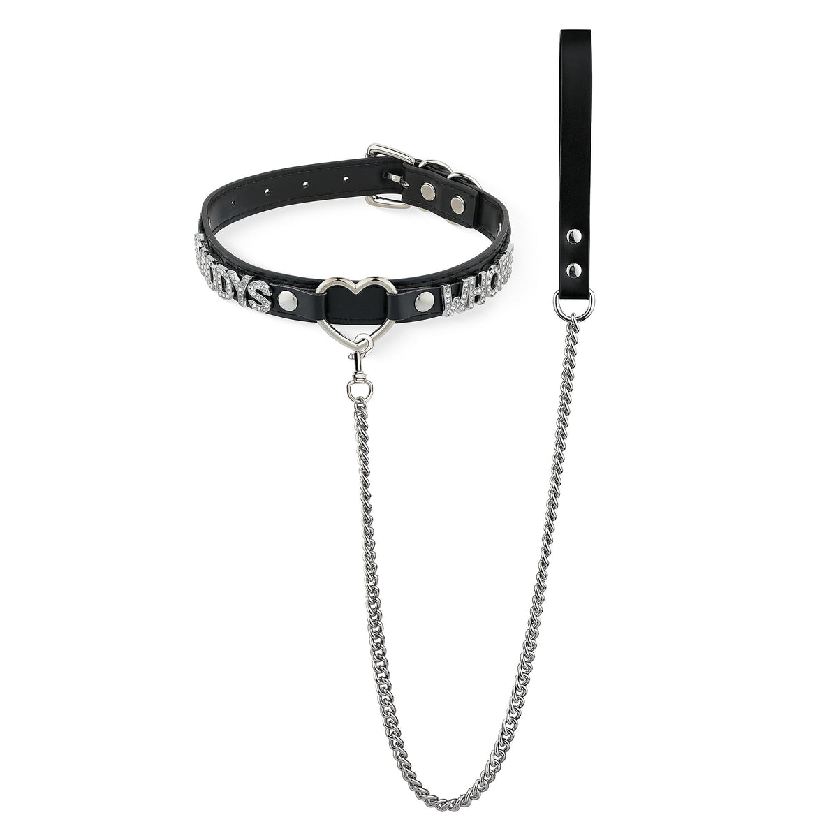 ADEMISHIA Black Heart O-ring Leather Collar and Leash Set, Adjustable Gothic Choker Necklace with Rhinestones Letters 38 Inches Durable Aluminum Chain Leash